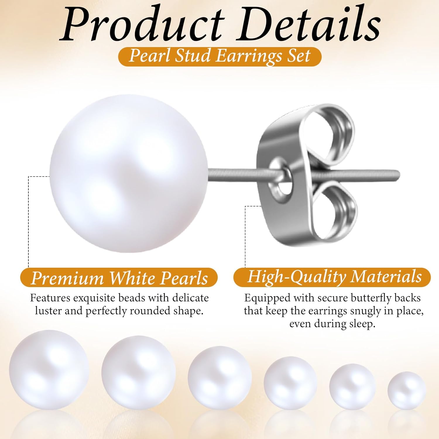 6 Pairs Pearl Earrings Studs, Stainless Steel Studs 3-8mm Pearl Stud for Women Adult Birthday Valentine's Day Women's Jewelry Gifts - Image 2