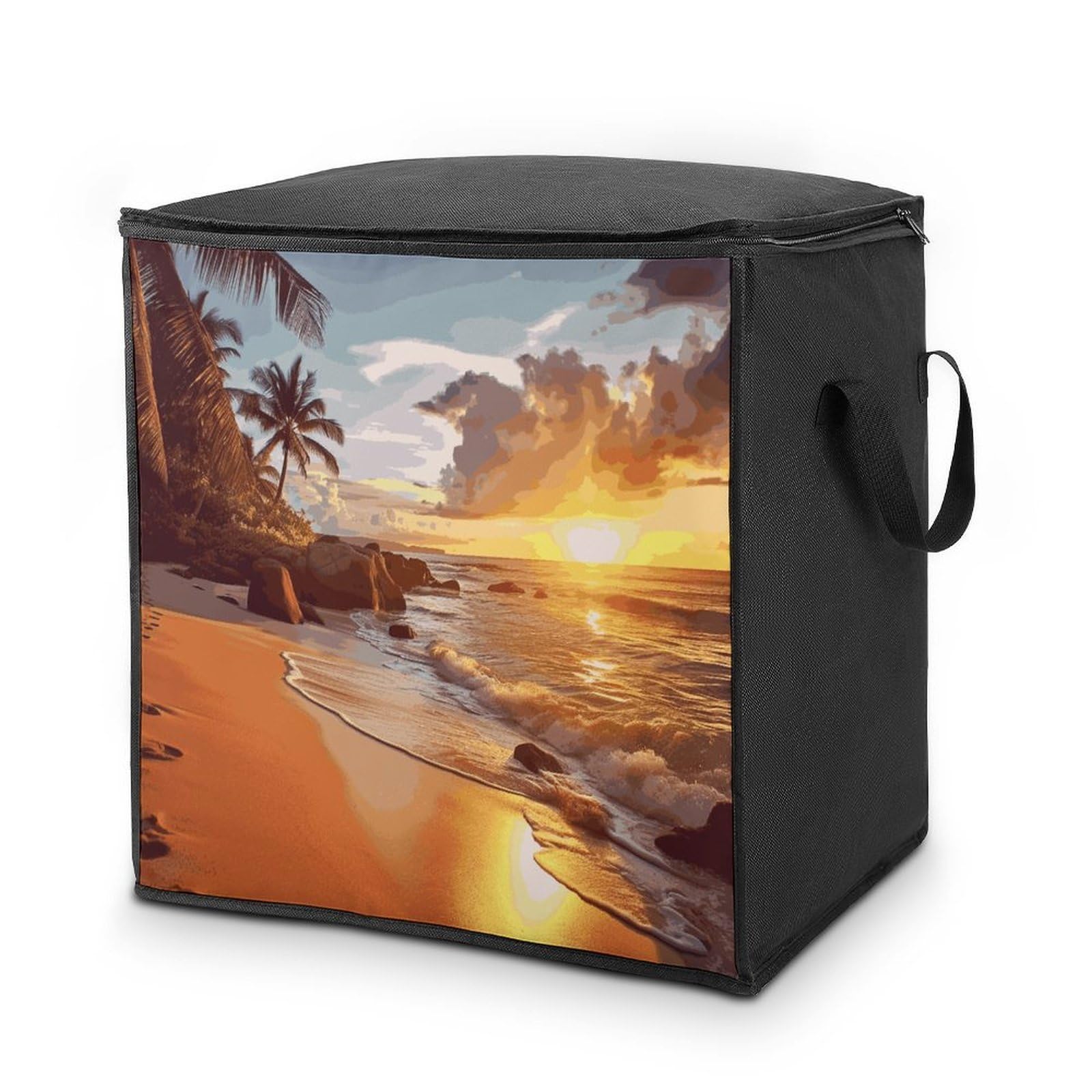 Tropical Beach at Sunset Storage Bag with Zippers And Handle Extra Large Bedding Comforter Storage Bag Foldable Blanket Storage Bags Fabric Moving Bags for Closet Organizer (70L)