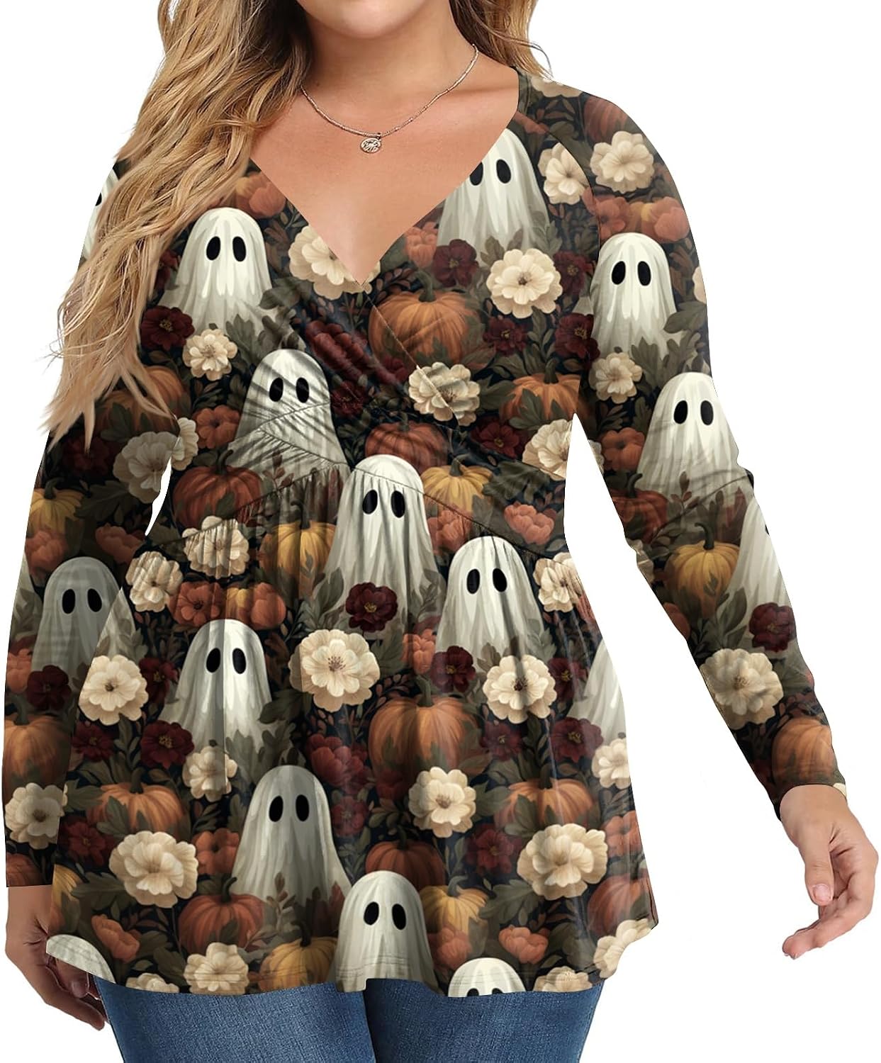 Women Plus Size Halloween Shirts Fall V Neck Long Sleeve Tops | Womens Summer Tops, Winter Shirts for Women, Cotton Blouses for Women Plus Size, Golf Outfits for Women,