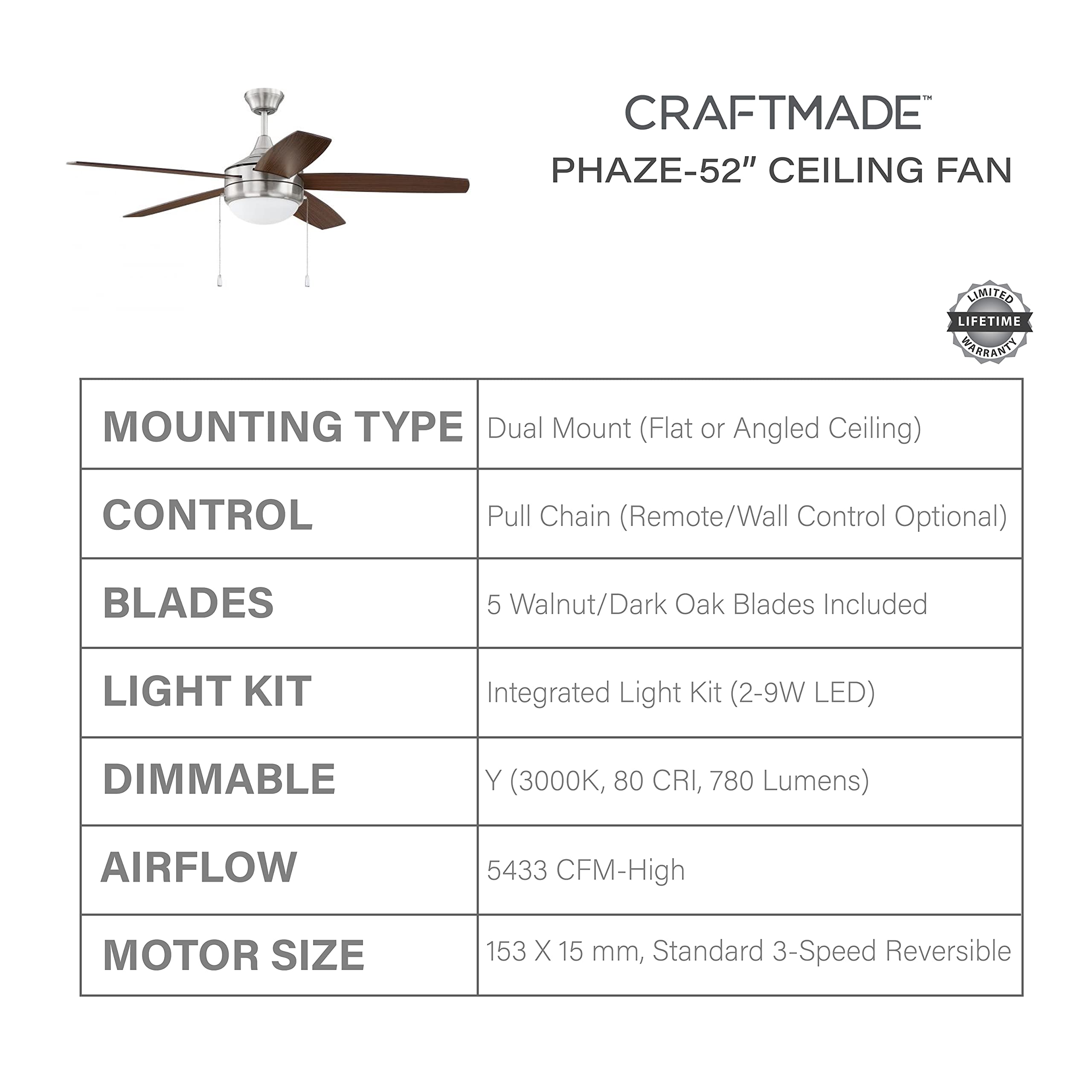 Craftmade Phaze 5 PHA52BNK5 52″ Brushed Polished Nickel Ceiling