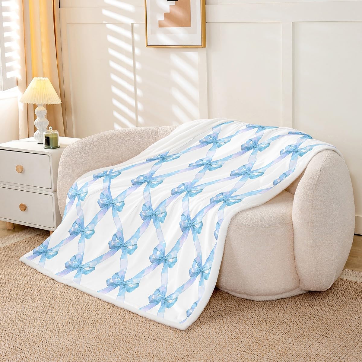 Cute Bowknot Fleece Blanket,Princess Style Blue Bow Watercolor Girly Throw Blanket for Sofa Adults,Geometric Grids Minimalist Dreamy Soft Blanket Bed Couch,Queen (90 x 90 Inches)