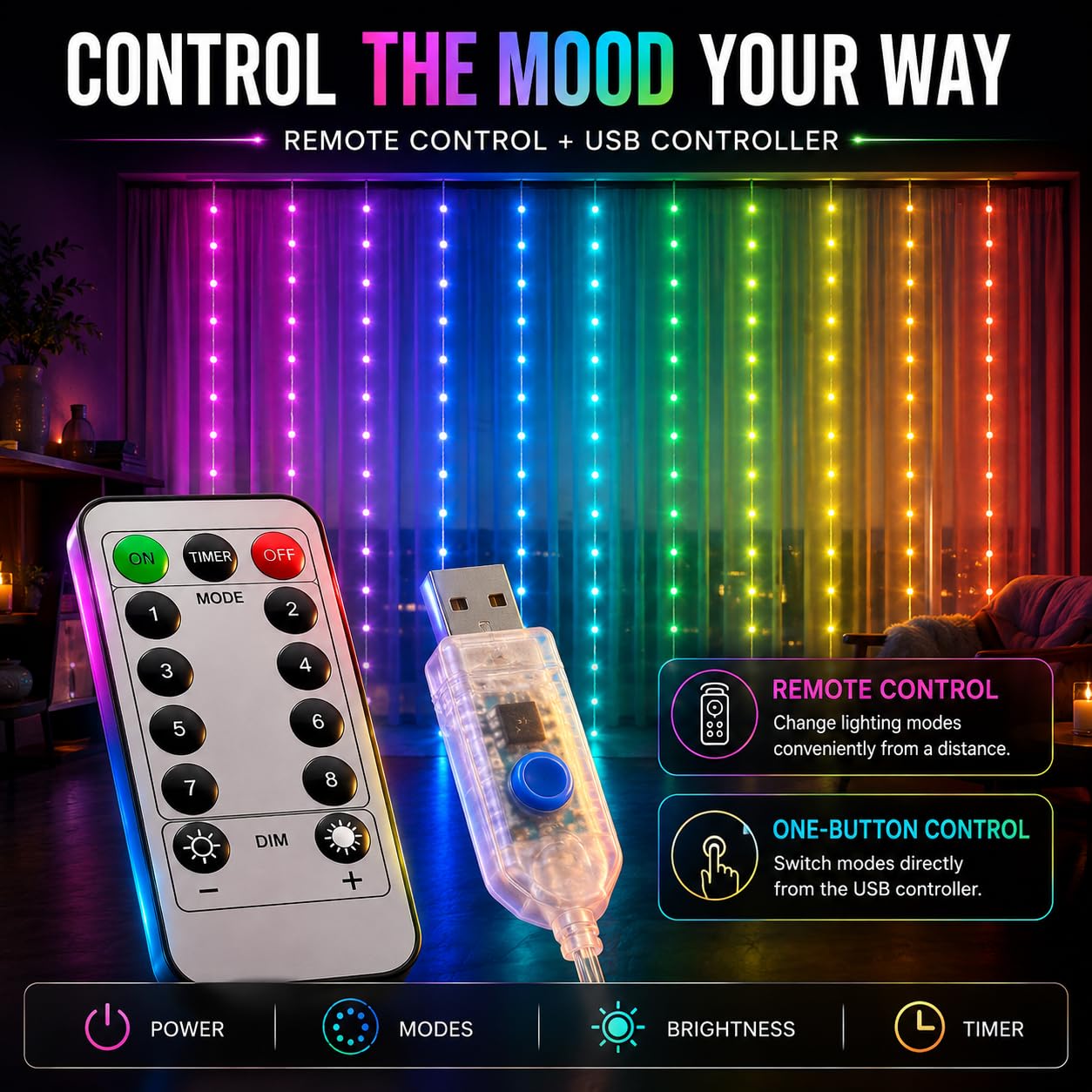 Gesto LED Curtain Lights - Multicolor Fairy Lights with Remote -6