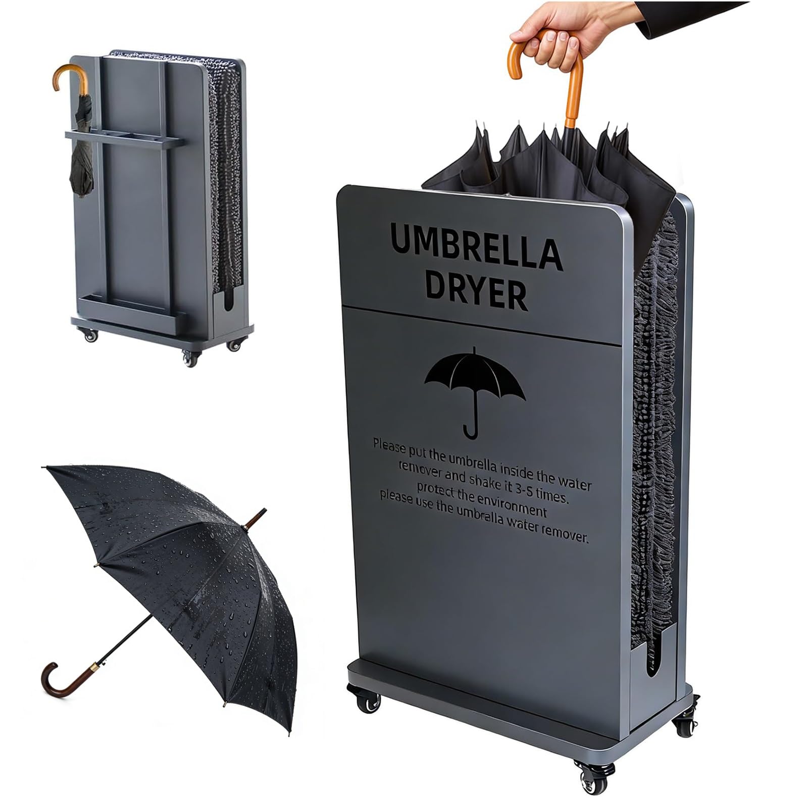 Support de sèche-Parapluie Humide Commercial, Machine de séchage pour enlever l'eau de Pluie avec collecteur de Gouttes et Roues, Porte-Parapluie Absorbant Double Couche pour Centre