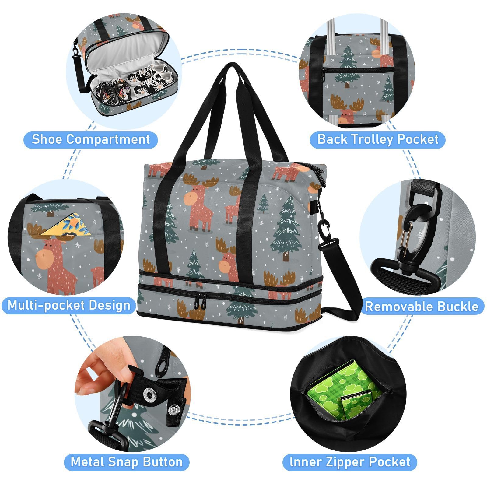 Borsa da viaggio impermeabile in stile bohémien, con alce e neve, con articoli da toeletta per trekking