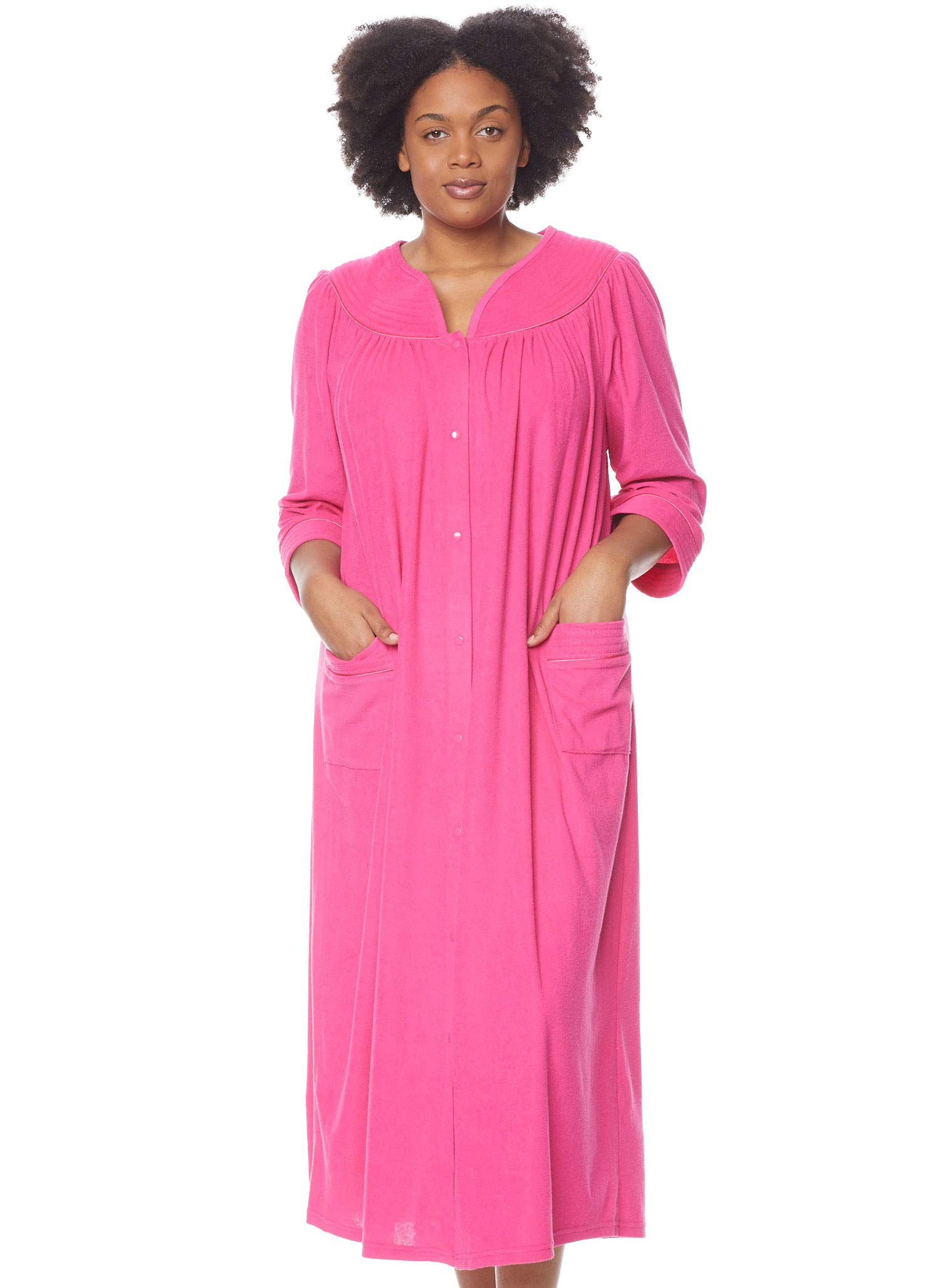 AmeriMark Women Full-Length Snap Front Terrycloth Long Bathrobe – Loose Absorbent Full-Coverage Plush Long Ankle Bath Robe