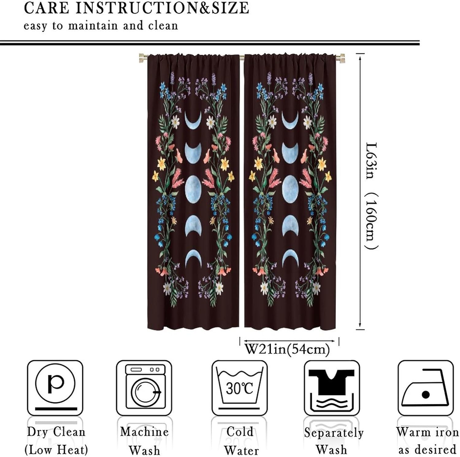 Moon Floral Curtains Blue Flower Wildflower Phase Moonlit Garden Aesthetic Boho Spring Vines Nature 2 Panel Window Treatment Set for Bedroom Living Room Decor 42x63Inch Decor