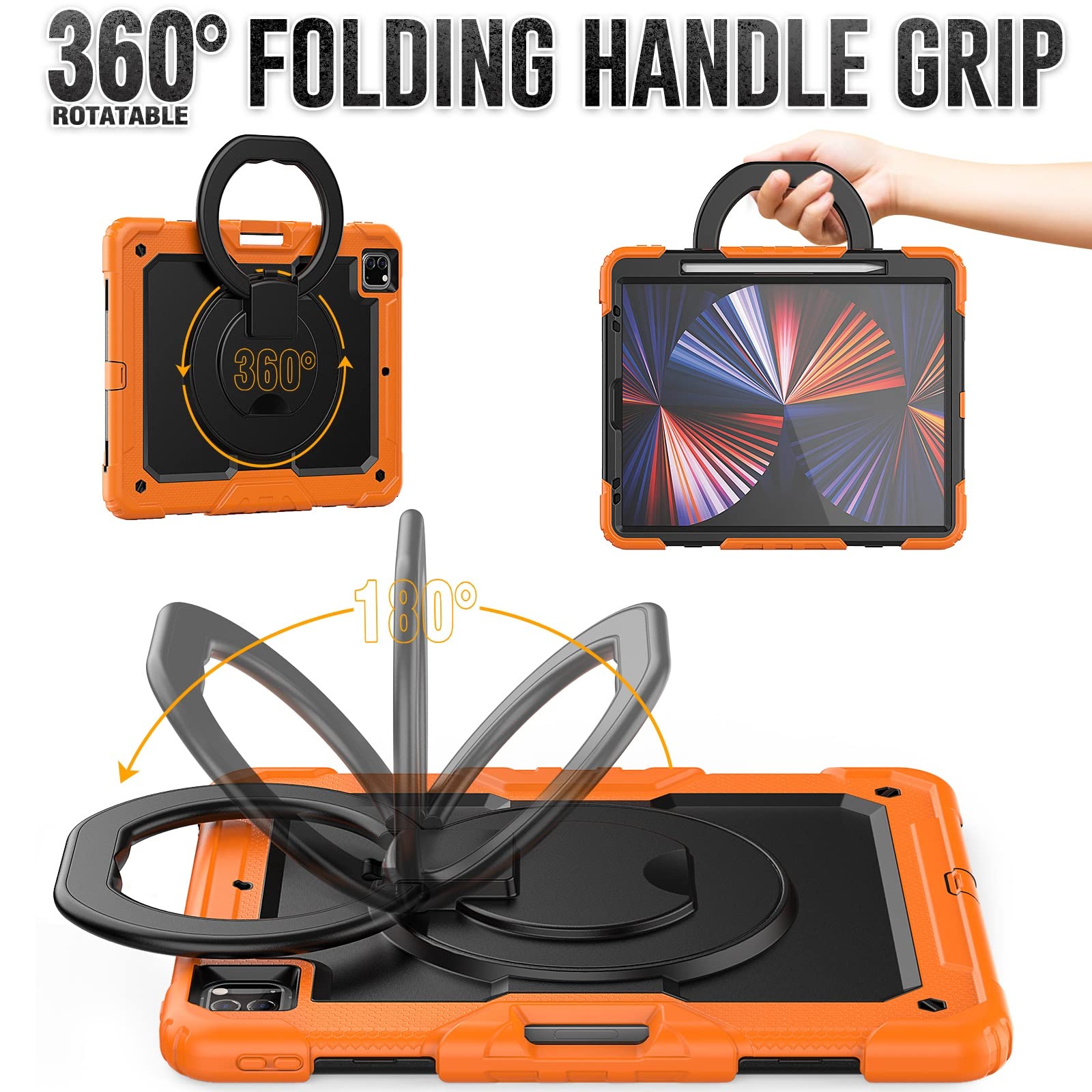Coque résistante aux chocs en TPU pour iPad Pro 5ème génération 12,9" (2018/2020/2021) pour enfants, poignée rotative à 360 degrés, support avec protection d'écran + bandoulière (orange)