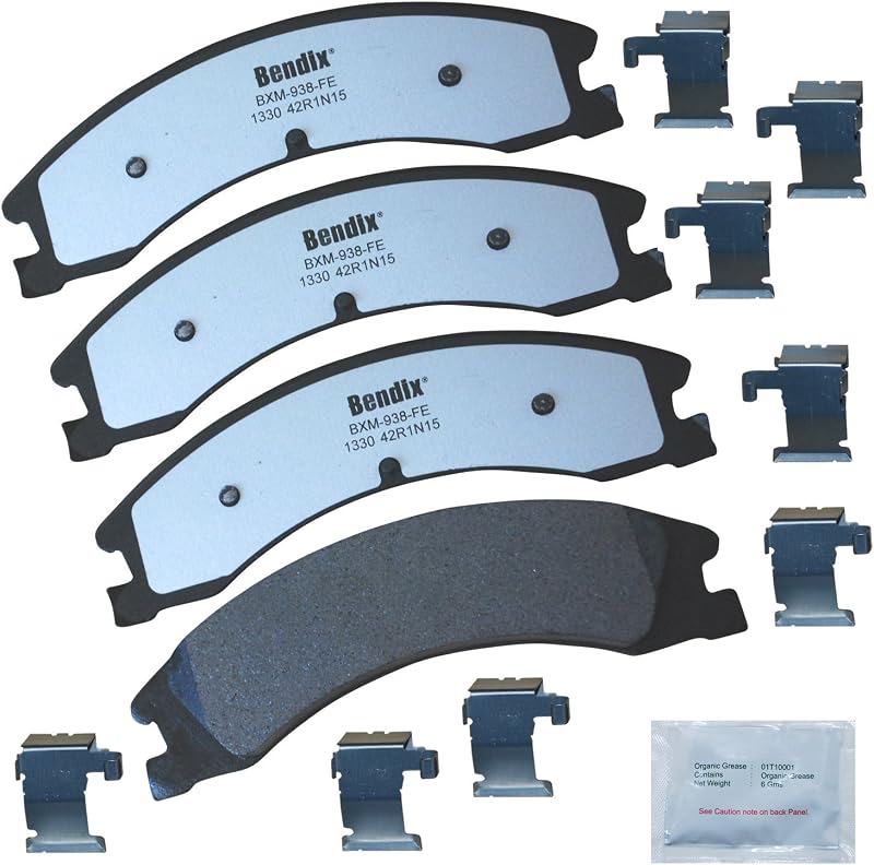 Pastilhas de freio traseiras Bendix Fleet Metlok MKD1330FM semimetálicas para Ford E-450 Super Duty – conjunto com hardware de instalação