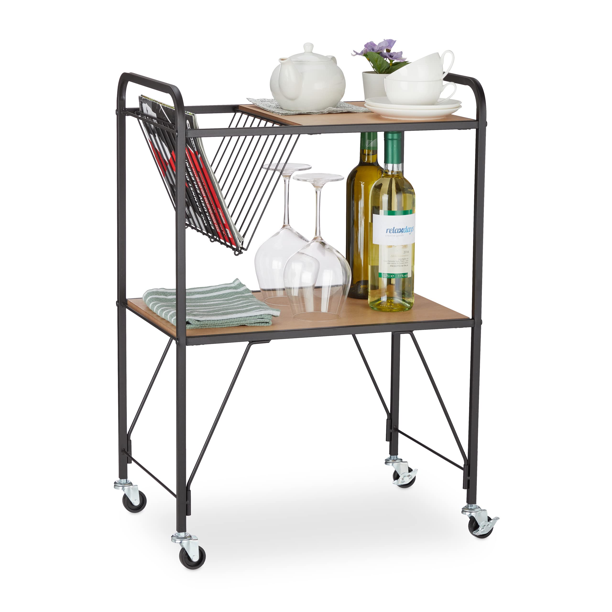 Relaxdays keukentrolley op wielen, 2 etages, glazen tafelblad, walnotenhout, serveerwagen, HxBxD 62 x 66 x 38 cm, natuur
