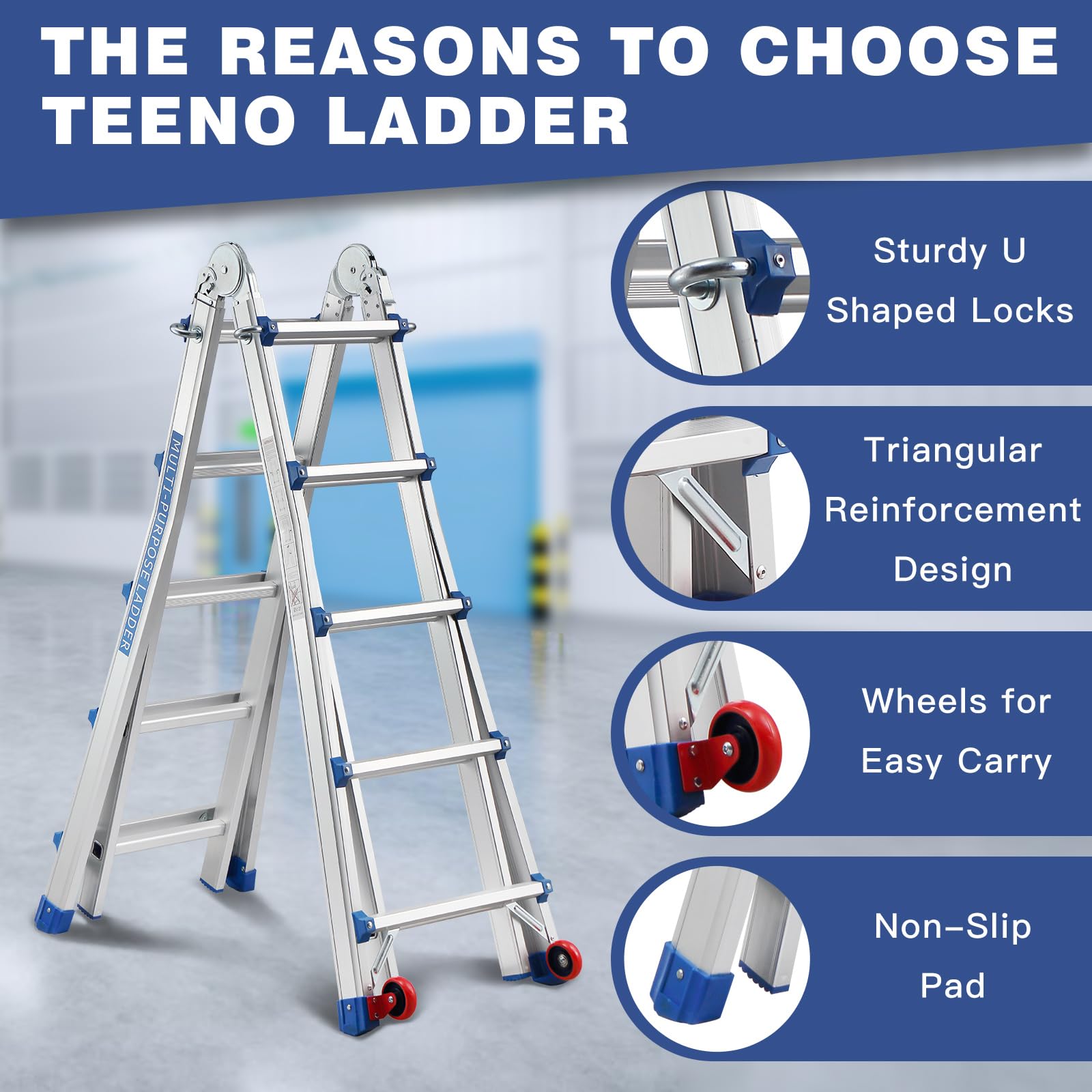 TEENO Escalera de Aluminio Multifunción 5.1 M| 5x5 Peldaños| Escalera Telescópica 5 en 1 con Desmontable Ruedas y Base Triangular Reforzada| Carga Máxima 150 kg