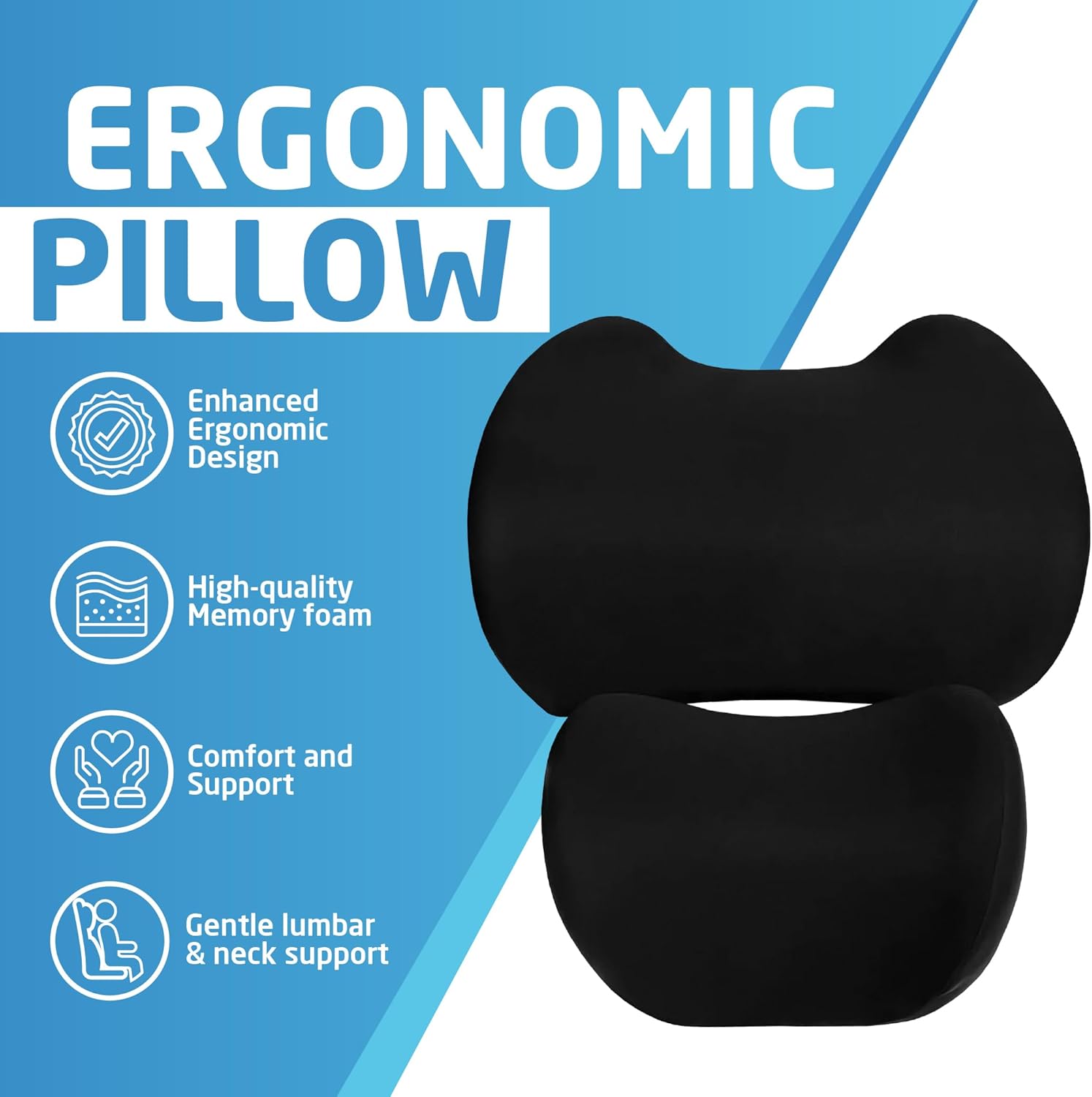 Lumbar & Neck Support Pillow Kit - Black - Back & Neck Support Pillow for Car & Office Chair - Memory Foam Pillow - Ergonomic Pillow for Neck & Back Pain - Image 3