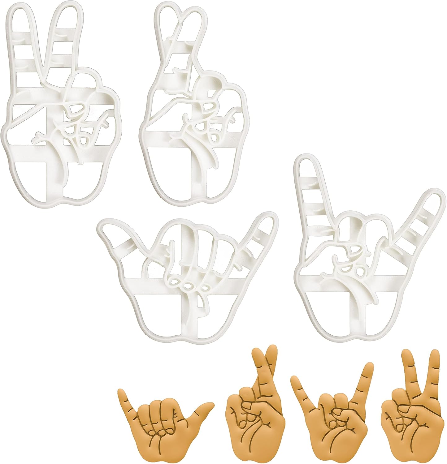 Set of 4 Hand Sign cookie cutters (Designs: Victory, Rock, Fingers Crossed Luck, Shaka), 4 pieces - Bakerlogy