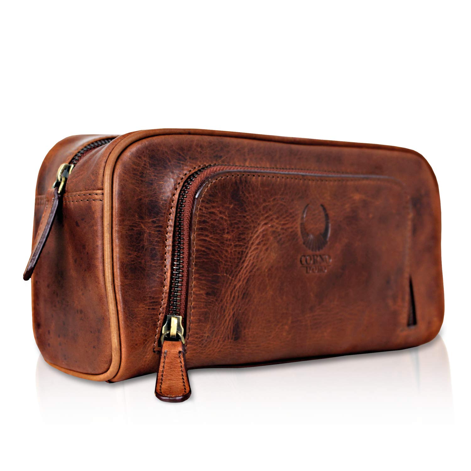 Corno d´Oro Beauty case da viaggio uomo in vera pelle, trousse per bagno toilette portaoggetti organizer marrone artigianale