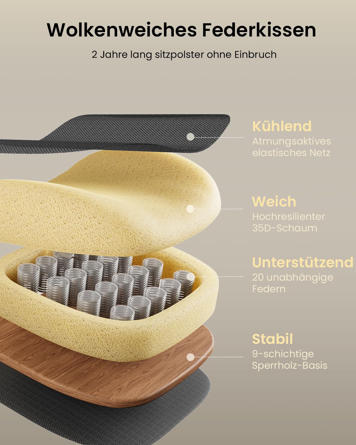 ProtoArc EC100 Ergonomischer Bürostuhl – Computer-Schreibtischstuhl mit 10 cm dickem Federkissen, Lendenwirbelstütze, Verstellbarer Armlehne & Kopfstütze, Mesh-Drehstuhl für Home-Office, Schwarz