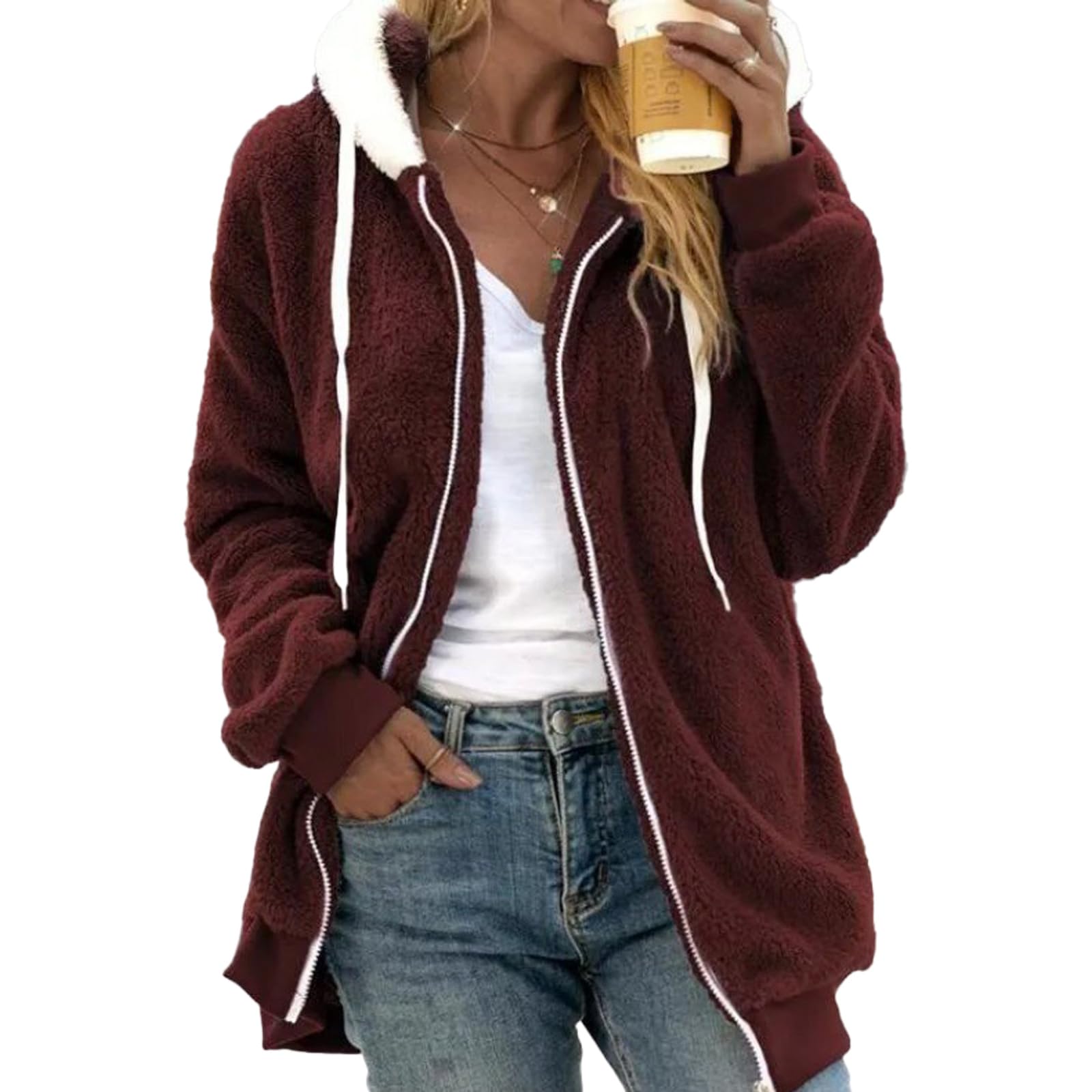 GXJIXf Winter Plush Coats for Women, Fleece Jackets, Warm Sherpa with Pockets (Red,XXL)