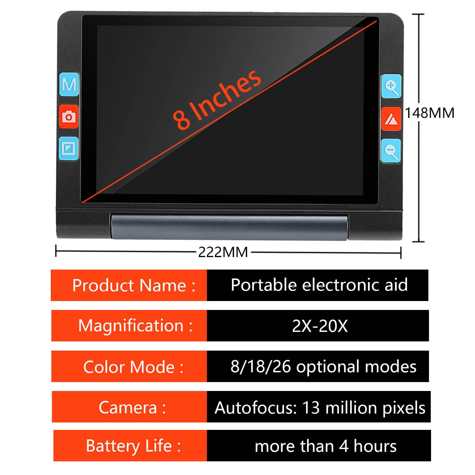 Lupa electrónica de Lectura de 8,0 Pulgadas Lupa electrónica para Baja visión, Zoom de 2X-20X, Enfoque automático y Zoom, Compatible con conexión a PC/TV,Black