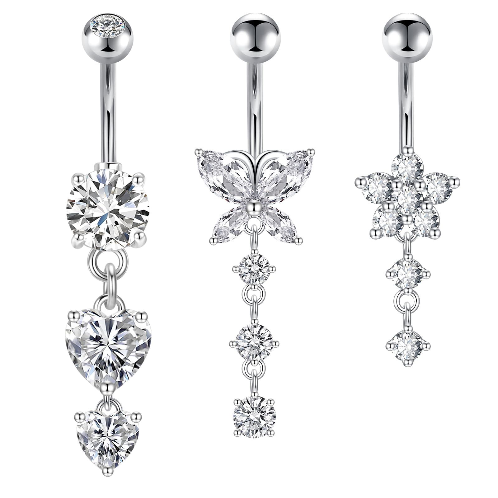 Crdifu Bauchnabelpiercing 10mm Silber Bauchpiercing Edelstahl Herz Schmetterling Blume Anhänger Piercing Bauchnabel Schmuck Damen
