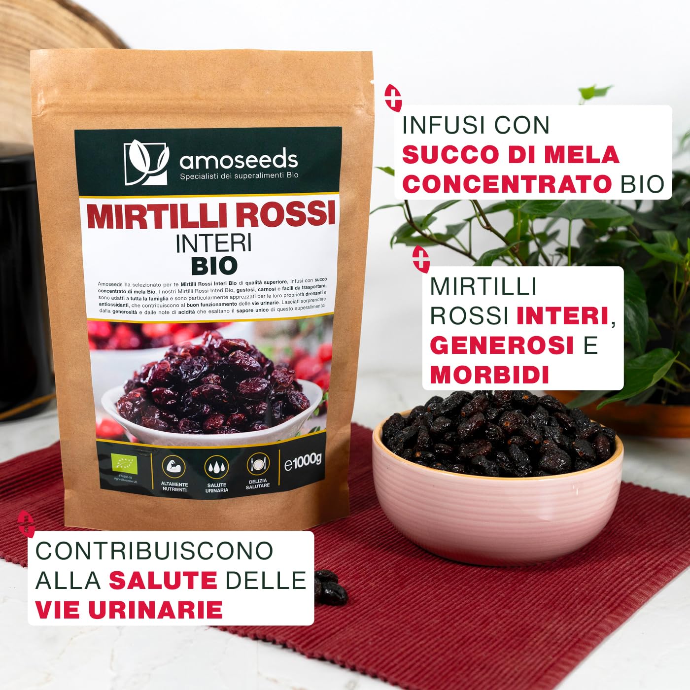 Mirtilli Rossi Interi BIO 1KG | Disidratati, Senza Zucchero, Infusi con Succo di Mela Bio | Vie Urinarie, Gustosi | Qualità Superiore