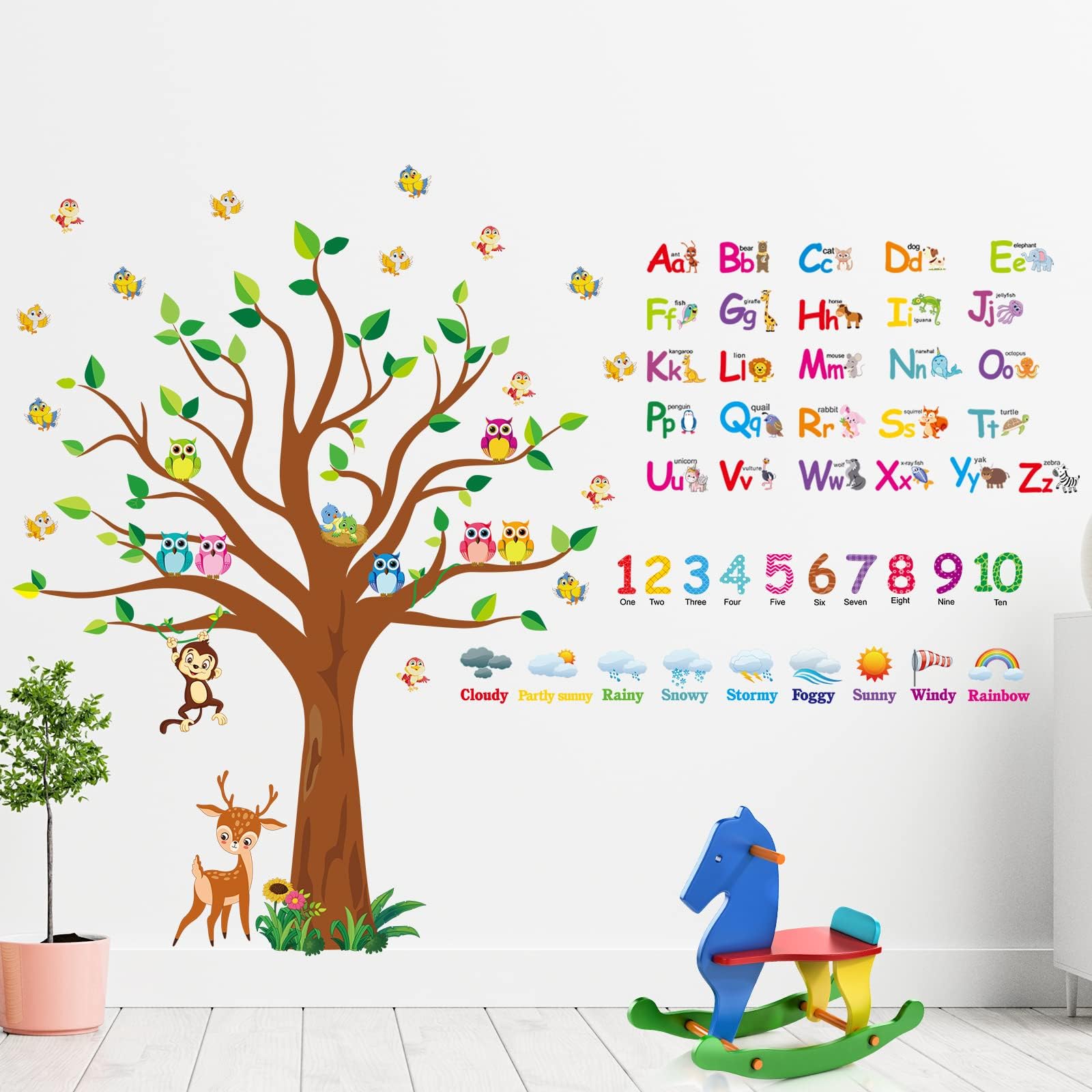 Pajean 4 Sheets Alphabet & Number Wall Decals for Kids Numbers Learning Children Educational Wall Decals ABC Weather Tree Stickers Animal Stickers for Bedroom Classroom Playroom Decor