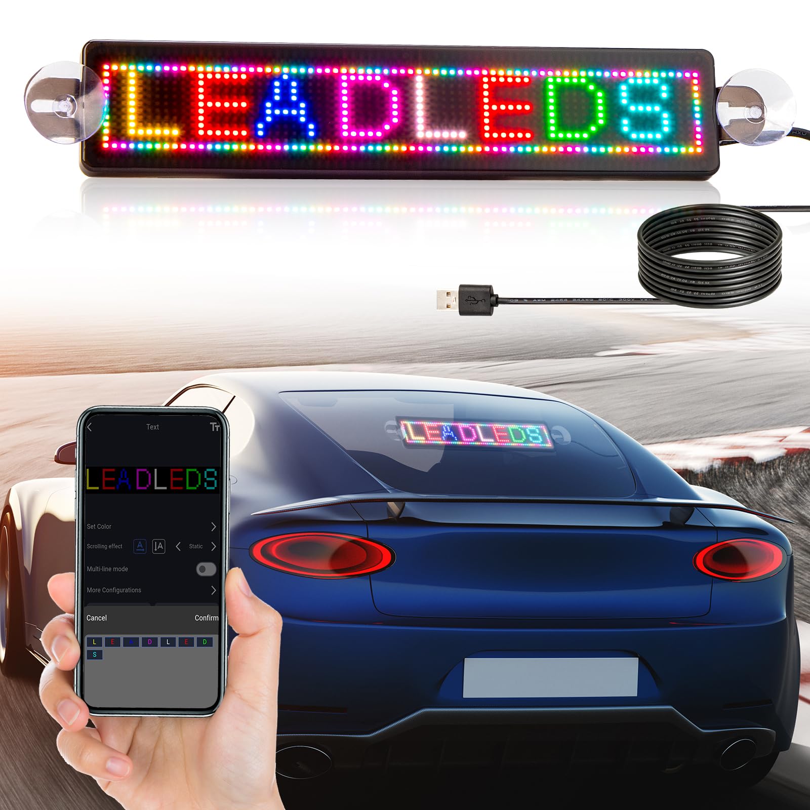 Leadleds Scrolling Scheda LED USB 5 V, controllo tramite app Bluetooth, display RGB programmabile, lavagna messaggistica per finestrini auto, taxi, vetrina (23 cm x 5 cm)
