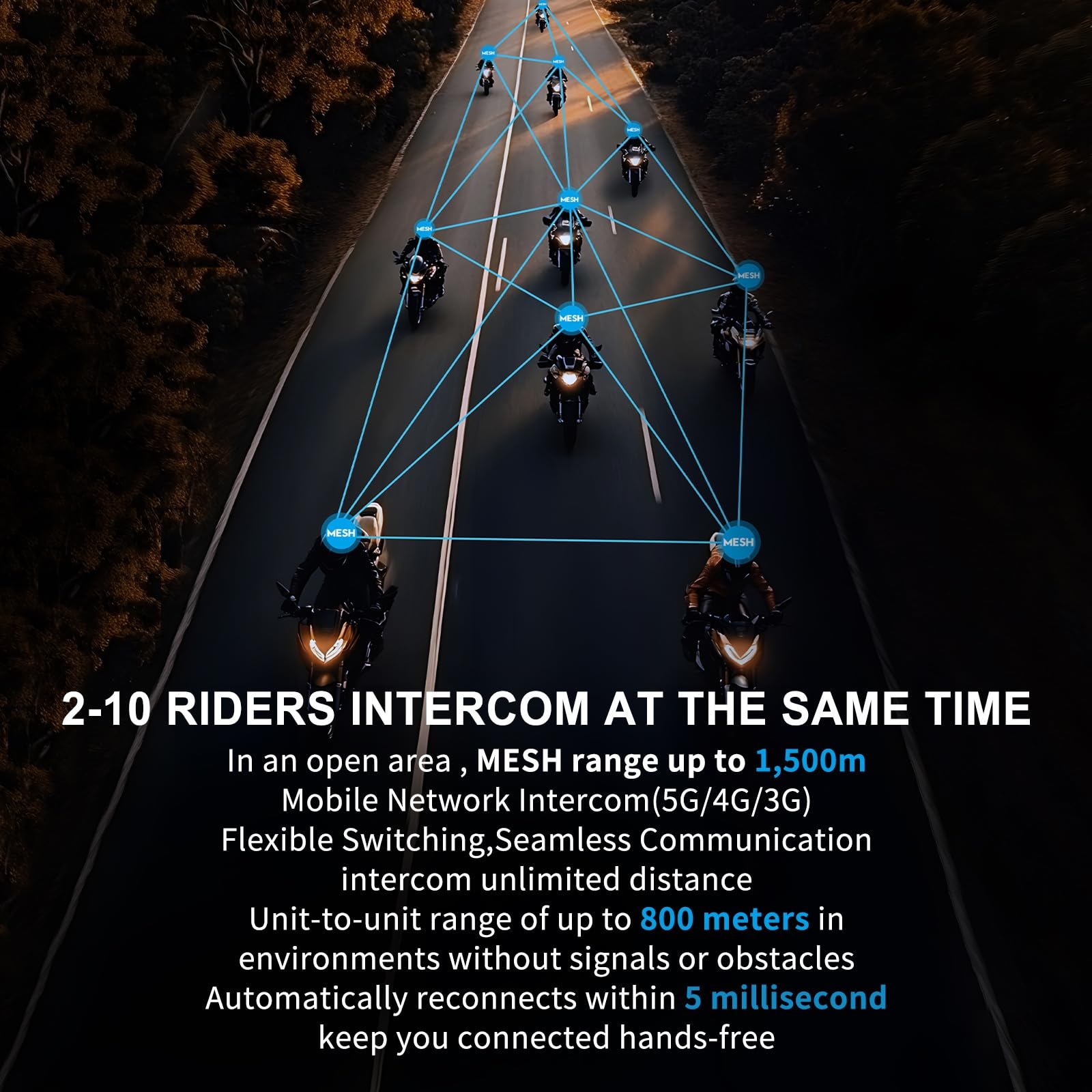 X10 Casco Moto Auricolare Bluetooth, 10 Riders Mesh 4.0 Motociclo Interfono, Sistemi di Comunicazione con Music Share, Doppia Riduzione del Rumore, Assistente Vocale, IP67, Nero