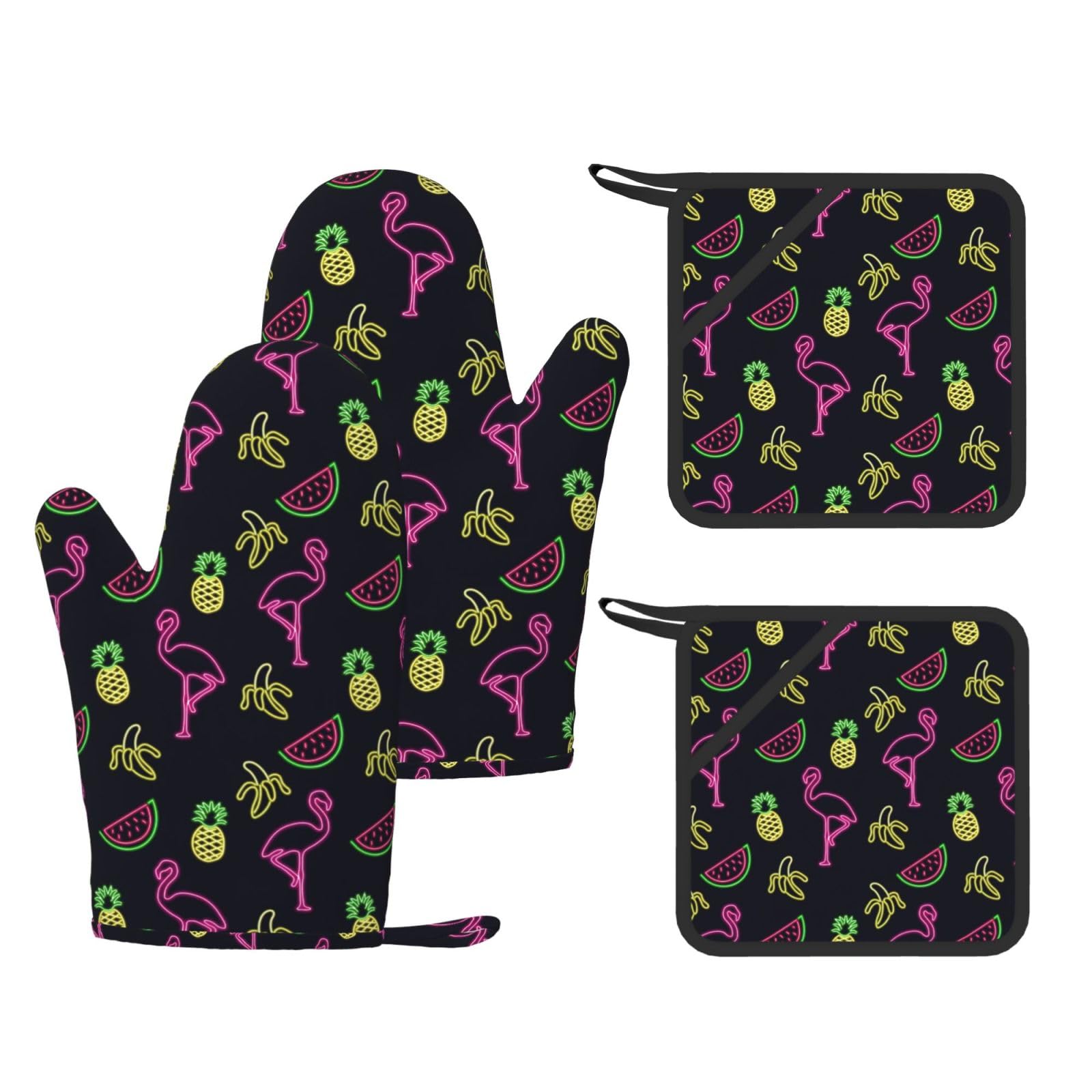 Nimongt Black Pineapple Banana Flamingo Print Heat Resistant Gloves Pads Reusable Kitchen Set Oven Baking Grilling Cooking