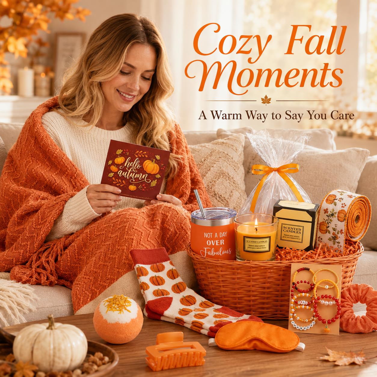 Oranger Herbst-Geschenkkorb für Damen, gemütlich, selbstpflegend, 13 Stück