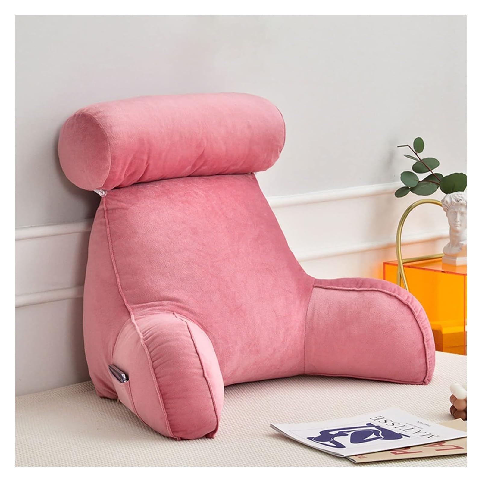 Iulgfsc Pink Reading Pillow， Reading Pillow With Arms,Back Rest Support ,Lumbar Cushion