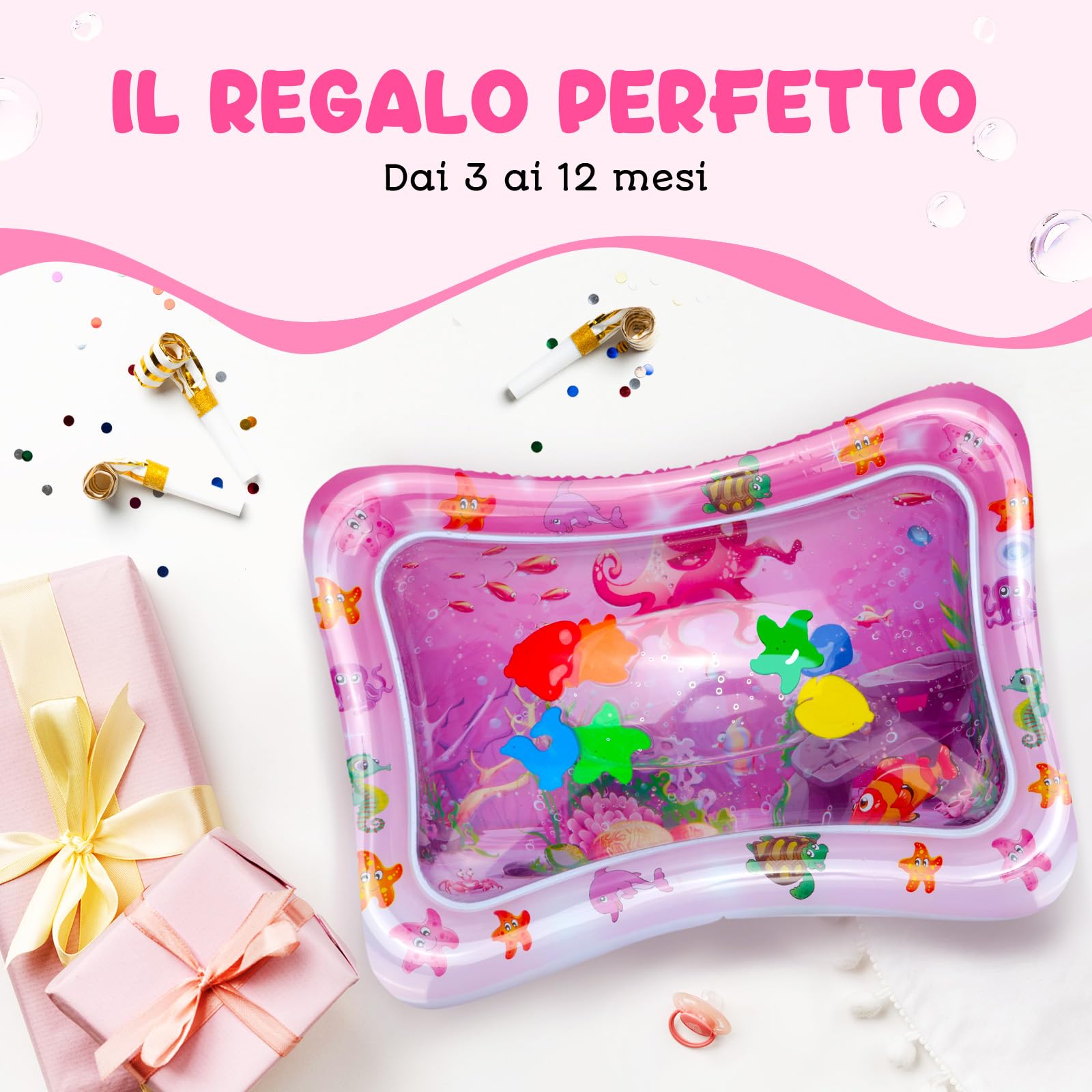 Tappetino Acqua Neonato – Tappeto Sensoriale Gonfiabile per Tummy Time - Gioco Neonati - Tappetino ad Acqua per Bambini 100% Senza BPA - Tappeto Gonfiabile per Neonati – Rosa - Avec Maman