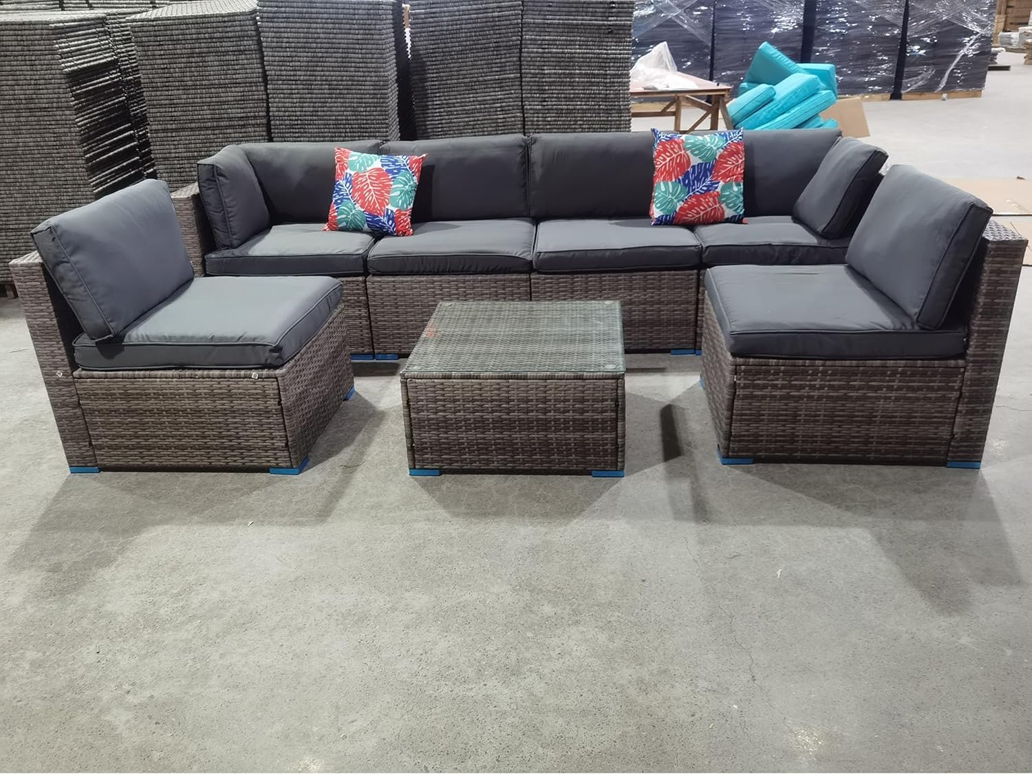 OUMACO 7 Pieces Outdoor Patio Furniture Sets,Rattan Patio Conversation Sectional Set,Manual Weaving Wicker Patio Furniture Set with Glass TableOttoman Cushion and Pillows(Grey-Grey)
