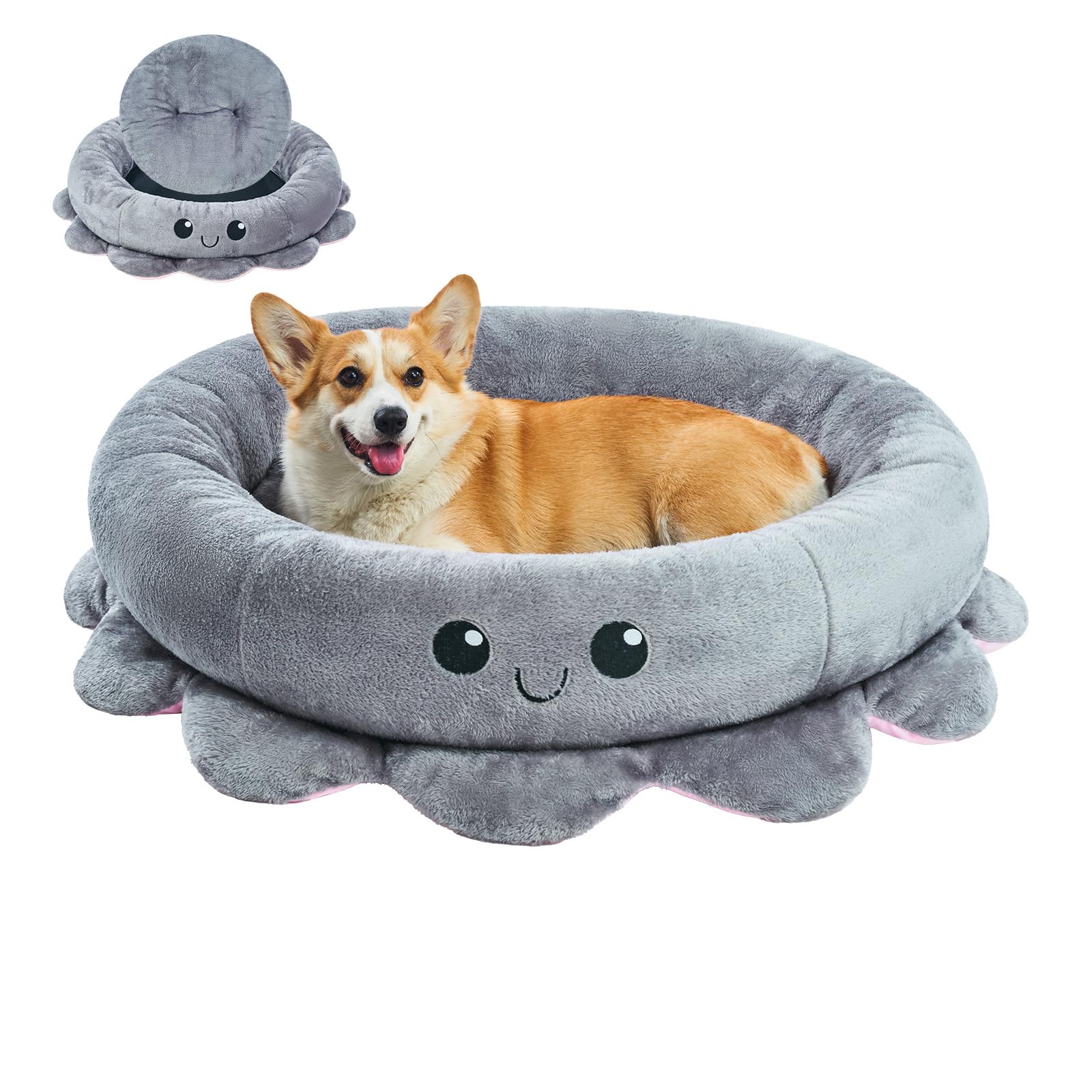 Jiupety Cute Calming Dog Beds Clearance for Large and Extra Dogs, Anxiety Bolster Dog Bed with Octopus Shape, Grey, XL, Boho, Round Pet Bed Cat with
