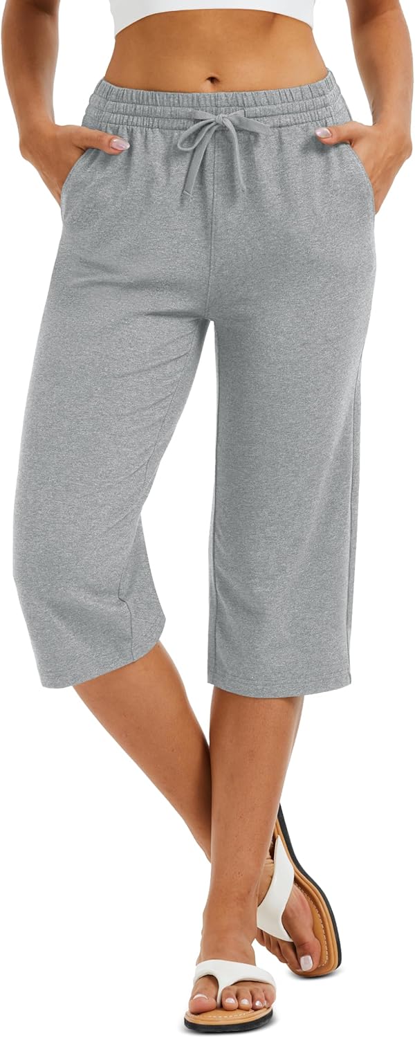 MAGCOMSEN Women's Cotton Capri Pants with 5 Pockets Yoga Wide Leg Capris Loose Casual Lounge Workout Capri Sweatpants