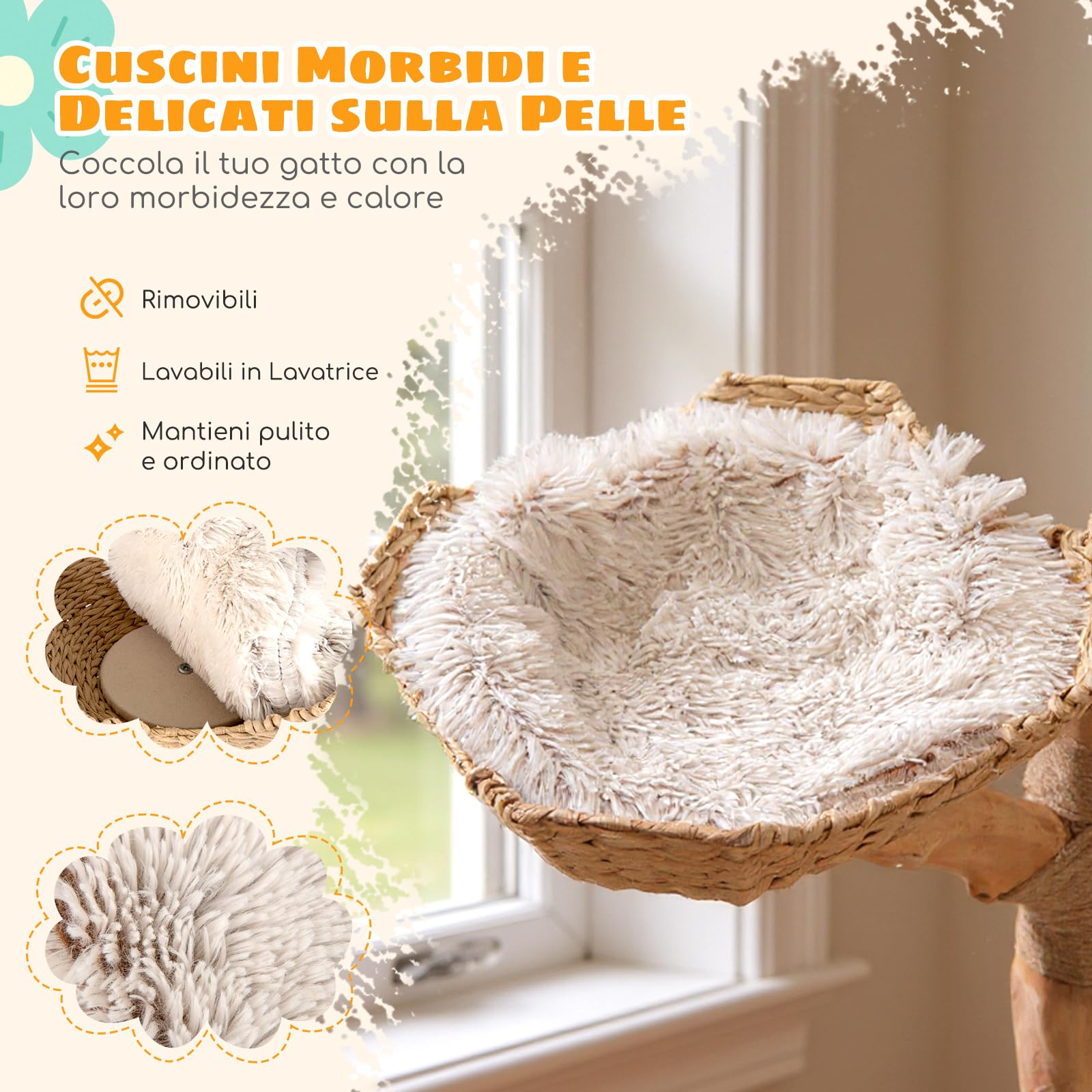COSTWAY Albero per Gatti, Tiragraffi per Gattini Alta 122 cm con Ramo in Legno con Piattaforma a Fiore, 2 Cesti in Rattan, Pali Tiragraffi in Juta e Pallina Pendente, Mobile per Gatti da Interno
