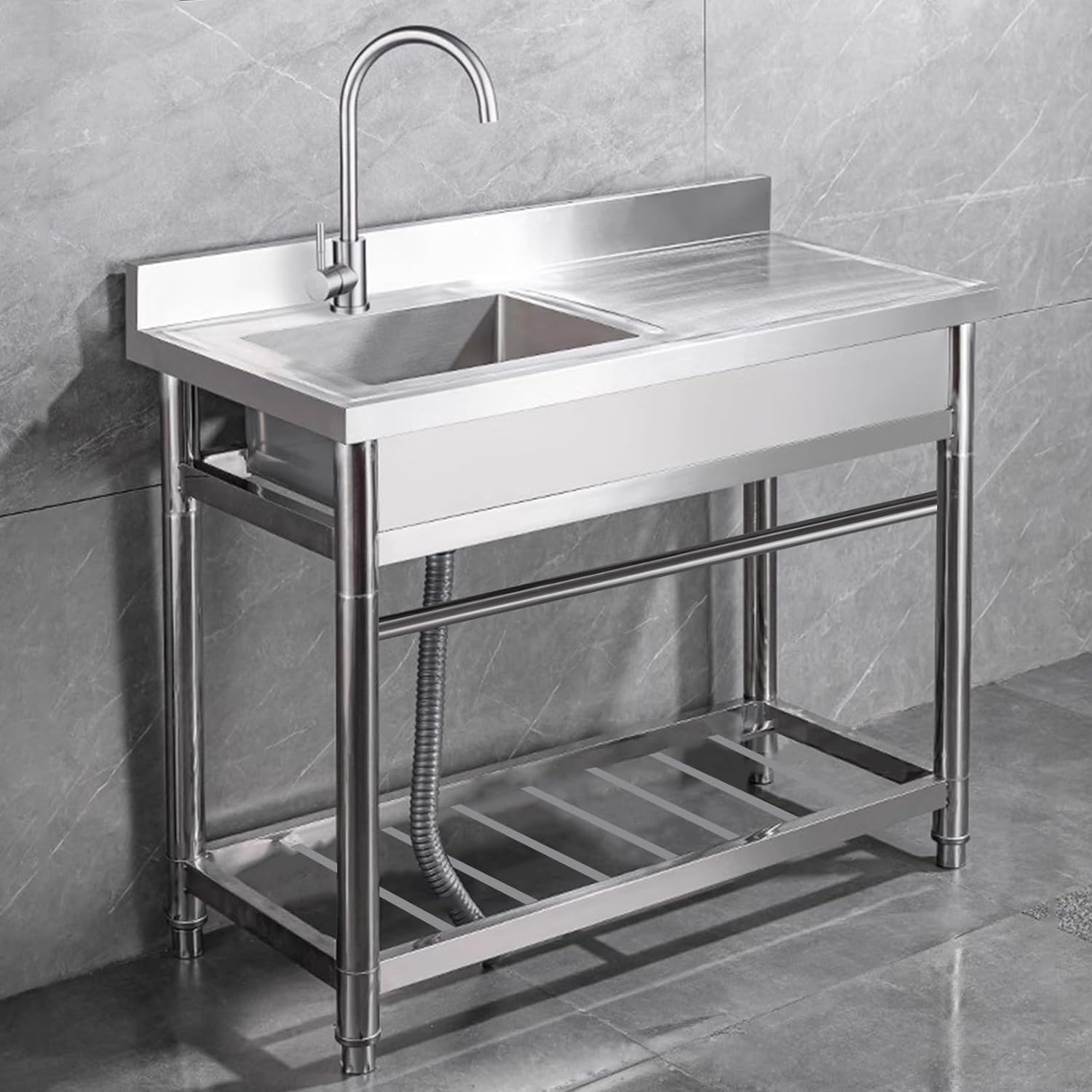 CZYWKDDPP Stainless Steel Prep & Utility with Tap and Workbench, Commercial Catering Free Standing for Garage, Restaurant, Kitchen, Laundry Room 100cm