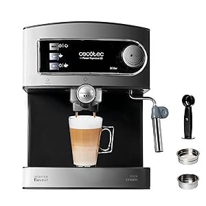 Cecotec Cafetera Express Manual Power Espresso 20 Essential. 850W, 20 Bares, Vaporizador Orientable, Brazo Doble Salida, Depósito Agua 1,5l, Superficie Calientatazas, Fácil Limpieza