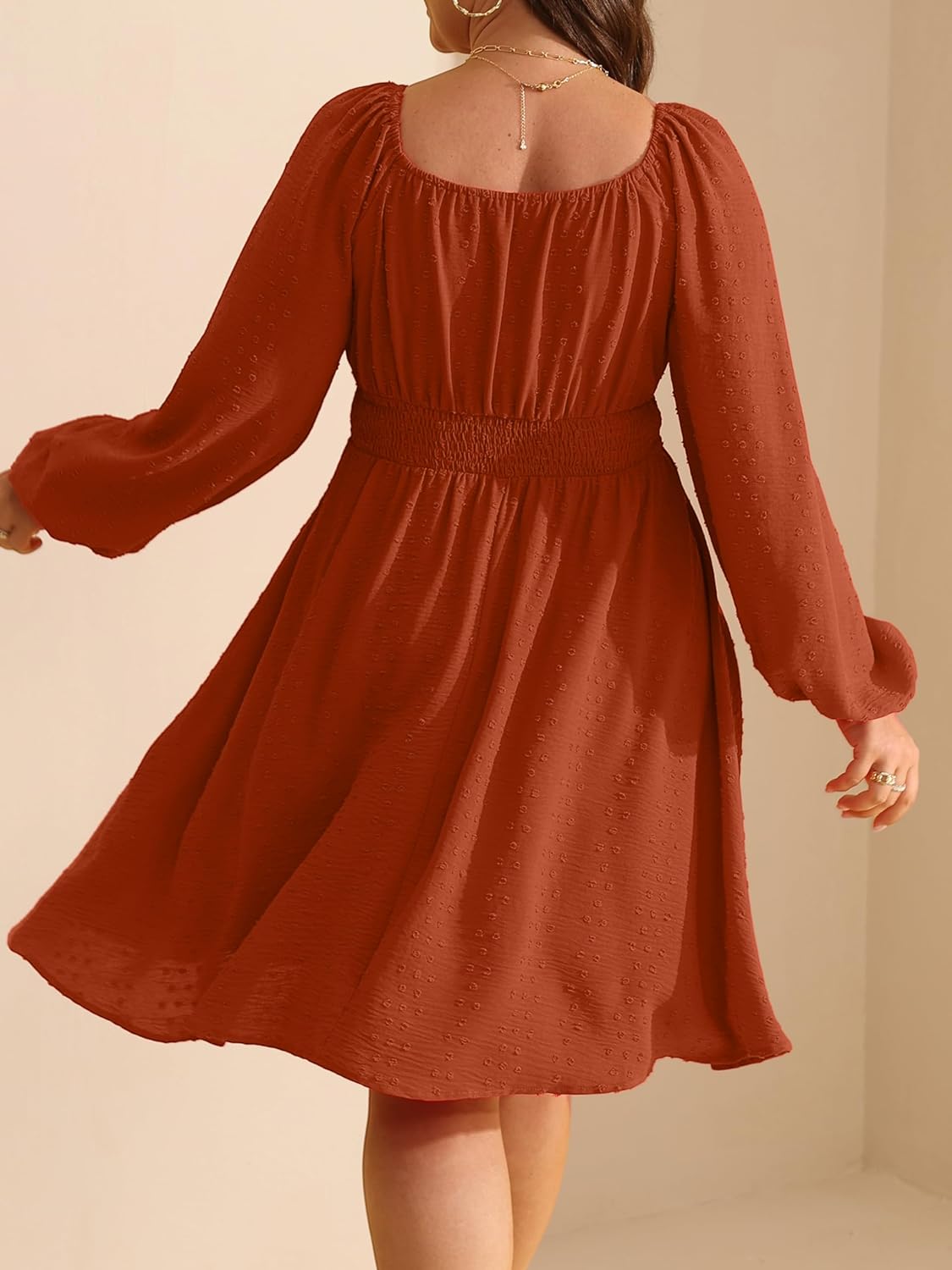 RWJ Women's 2025 Fall Wedding Guest Dresses Long Sleeve Smocked Square Neck Swiss Dot Party Plus Size Mini Dress - Image 6