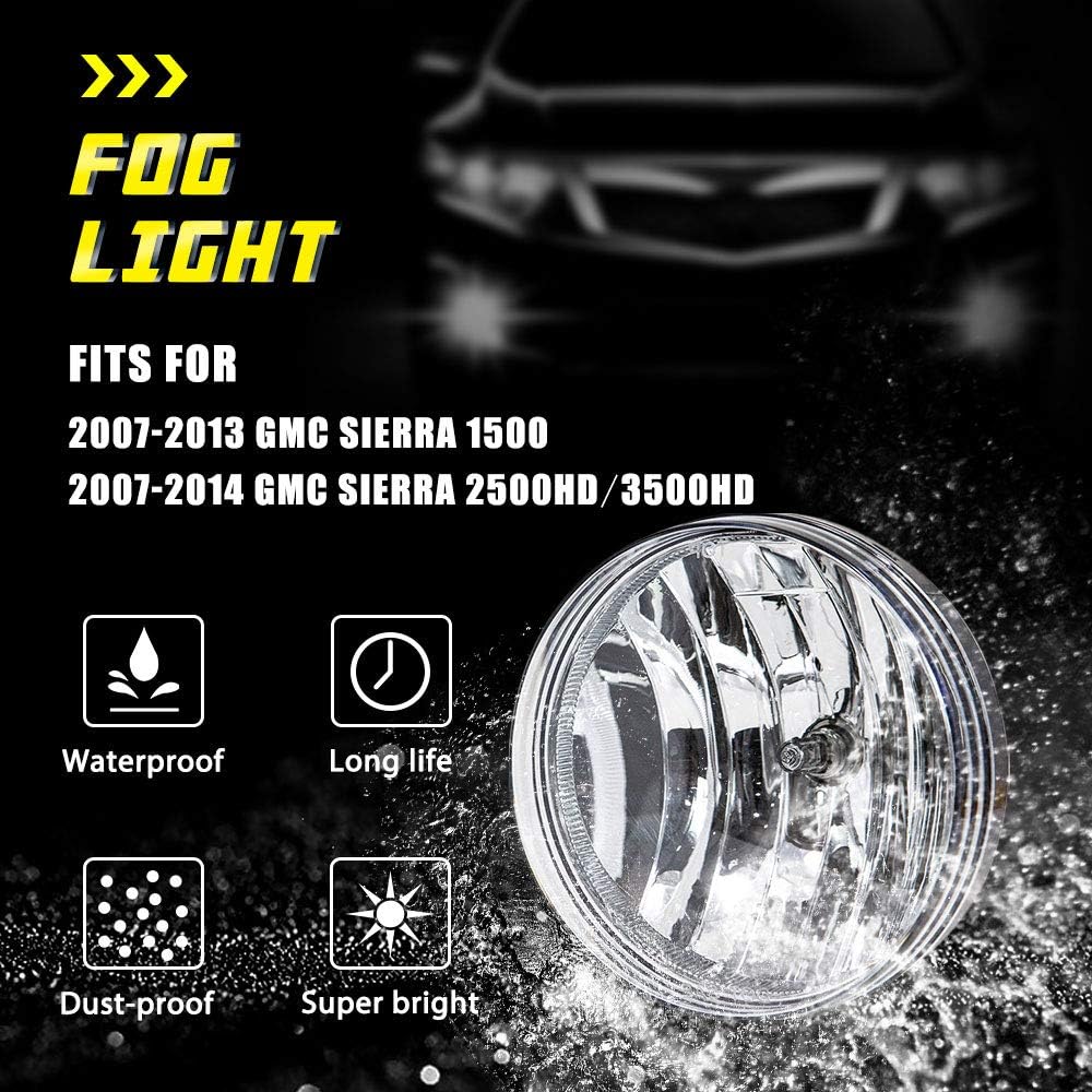 Fog Lights Replacement for 2007-2013 GMC Sierra 1500 2007-2014 GMC Sierra 2500HD 3500HD Fog Lamps with Clear Lens H8 12V 35W Halogen Bulbs Universal Switch and Wiring Kit 25831948,GM2592161 Clear Lens