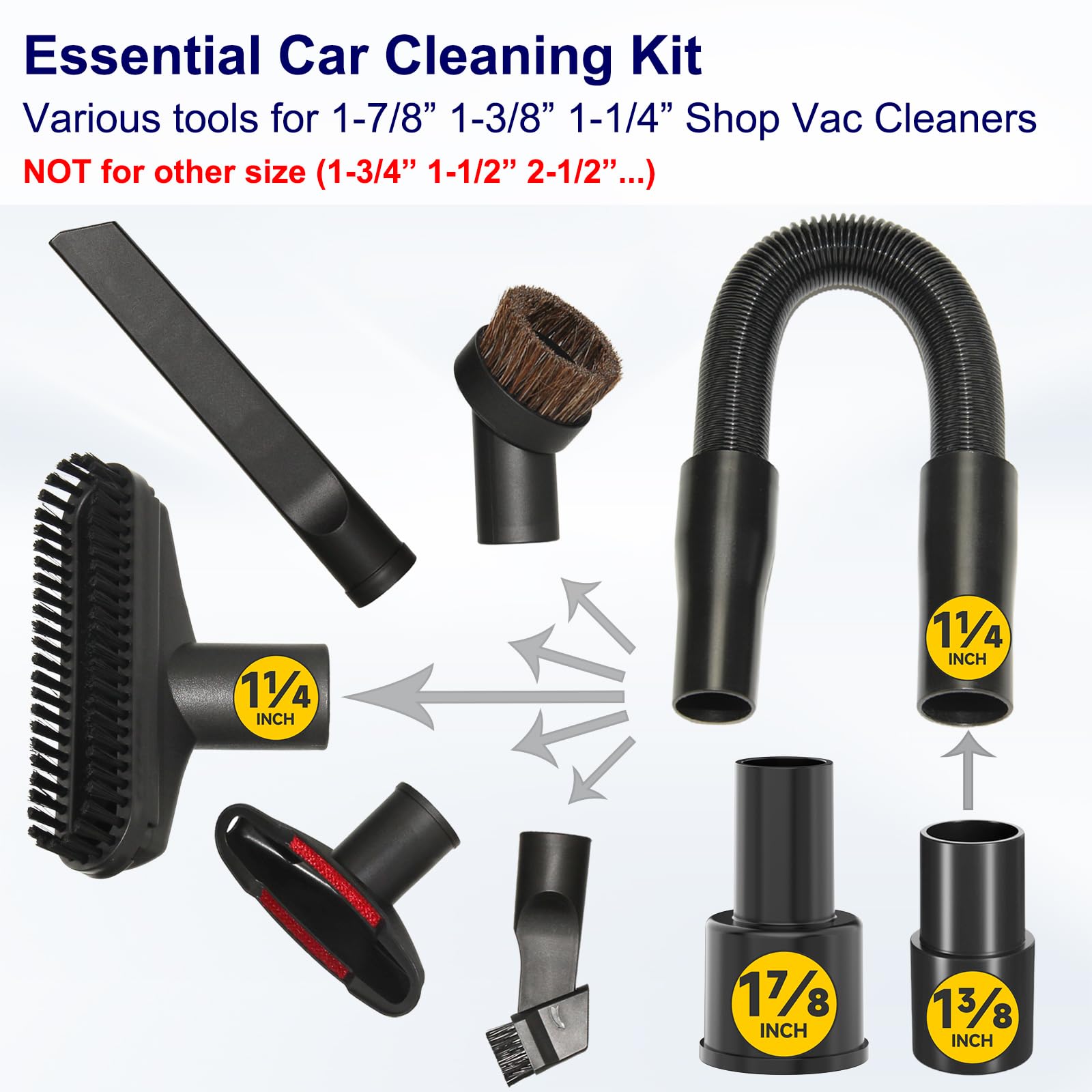 Portek Accesorios de aspiradora de 1-1/4 pulgadas con adaptador de 1-3/8 pulgadas como kit de limpieza de detalles de coche para el hogar, accesorios de aspiradora de 1 1/4 pulgadas, adaptador de 1