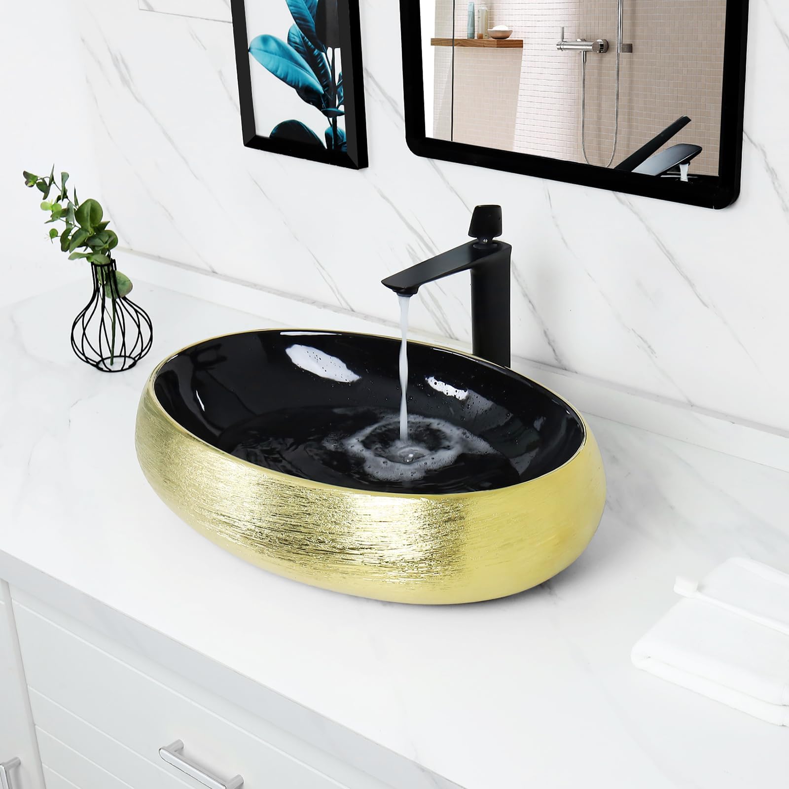 Tysun Oval Vessel Sink, 24'' x 16'' Oval Bathroom Sink, Black and Gold ...