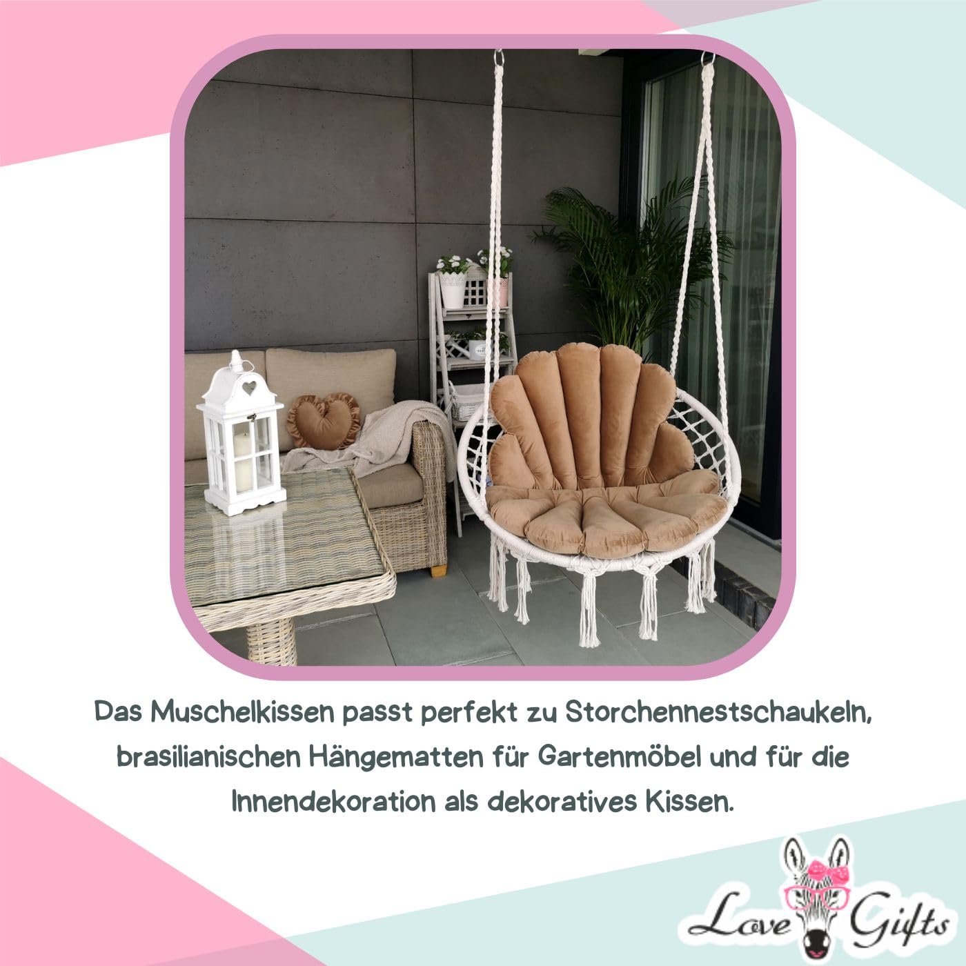 Love Gifts® Hängesessel ohne Gestell | Hängesessel Indoor mit Zwei Kissen optimal für den für Innenbereich wie Wohnzimmer & Kinderzimmer geeignet | Braun