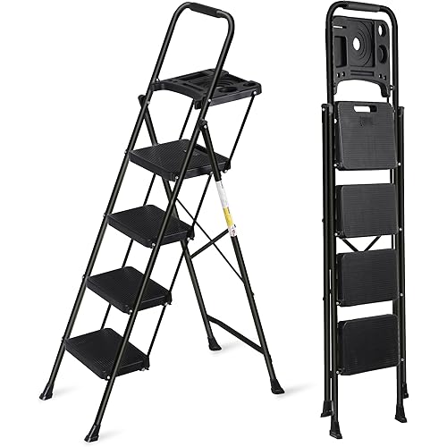 3-Step Ladder with Tool Tray, Folding Step Stool with Wide Anti-Slip Pedal, Heavy Duty Steel 330 lbs Load Capacity for Home, Attic, Office, Garage, Shop, White (Black, 3)