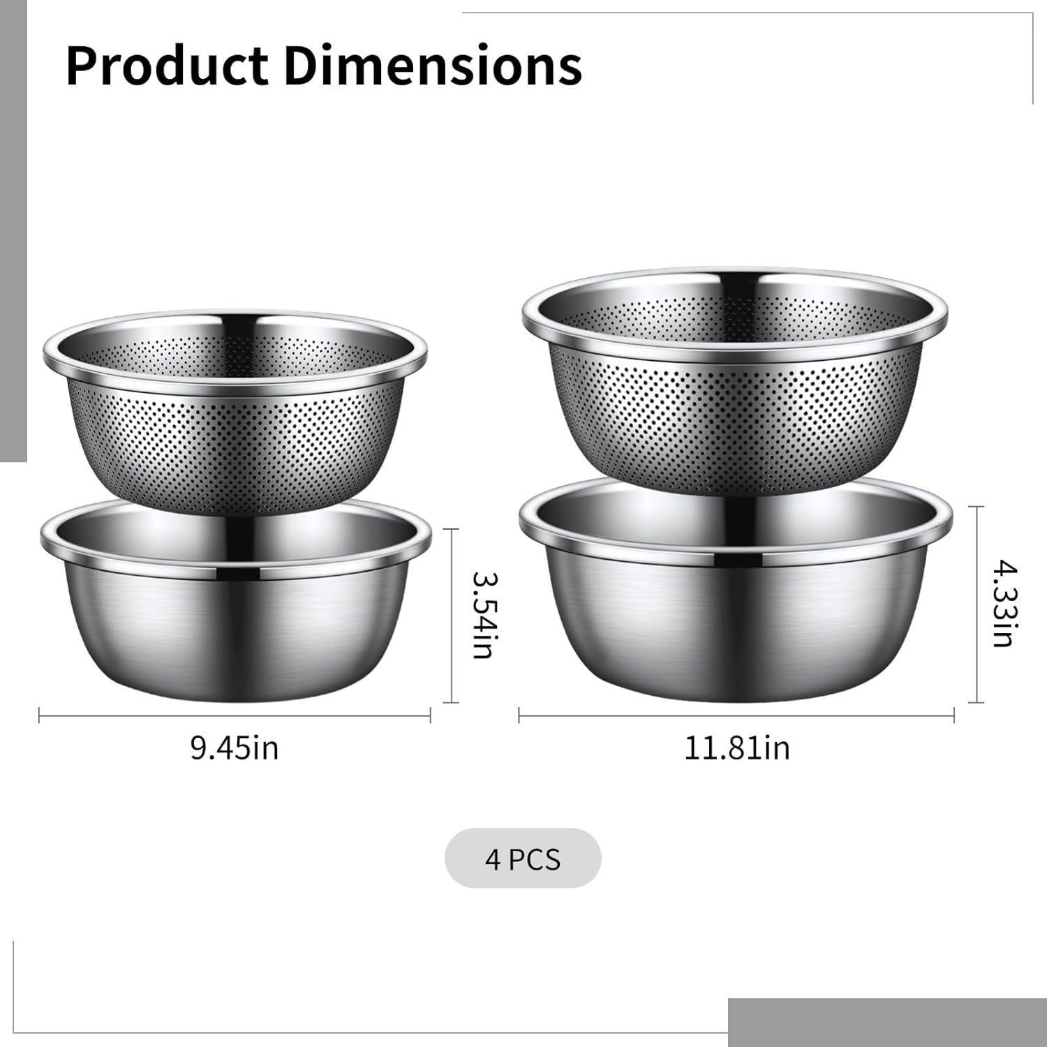 Set of 4 Stainless Steel Mixing Bowls with Drain Basket, Includes 24 Cm/9.45 in & 30 Cm/11.8 in Solid and Perforated Bowls, Rust-Resistant Kitchen Helper for Draining and Washing