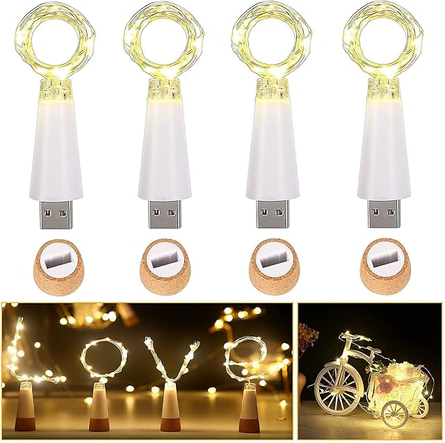 Ceepko 4 Pack USB Bottle Lights Rechargeable Waterproof Wine Bottles String Lights 59 Inch 15 LEDs Cork Fairy Lights for Bottles DIY Party Wedding Halloween Christmas Decorations (Steady Warm White)