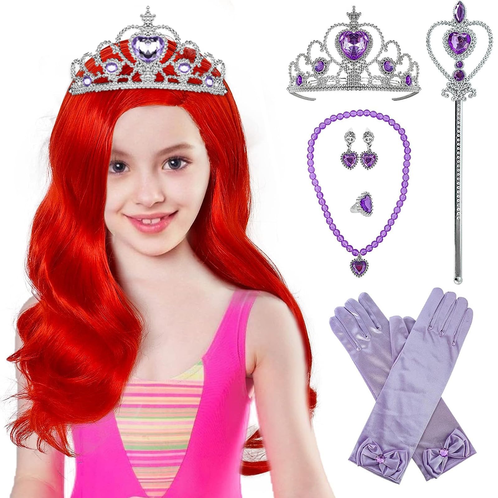 IMEYLE9 Pcs Set Red Long Curly Princess Wig (+Crown +Necklace +Gloves +Ring +Earrings +Wand) Wavy Cosplay Wig with Bangs Synthetic Wig for Anime Halloween Costume Party + Wig Cap