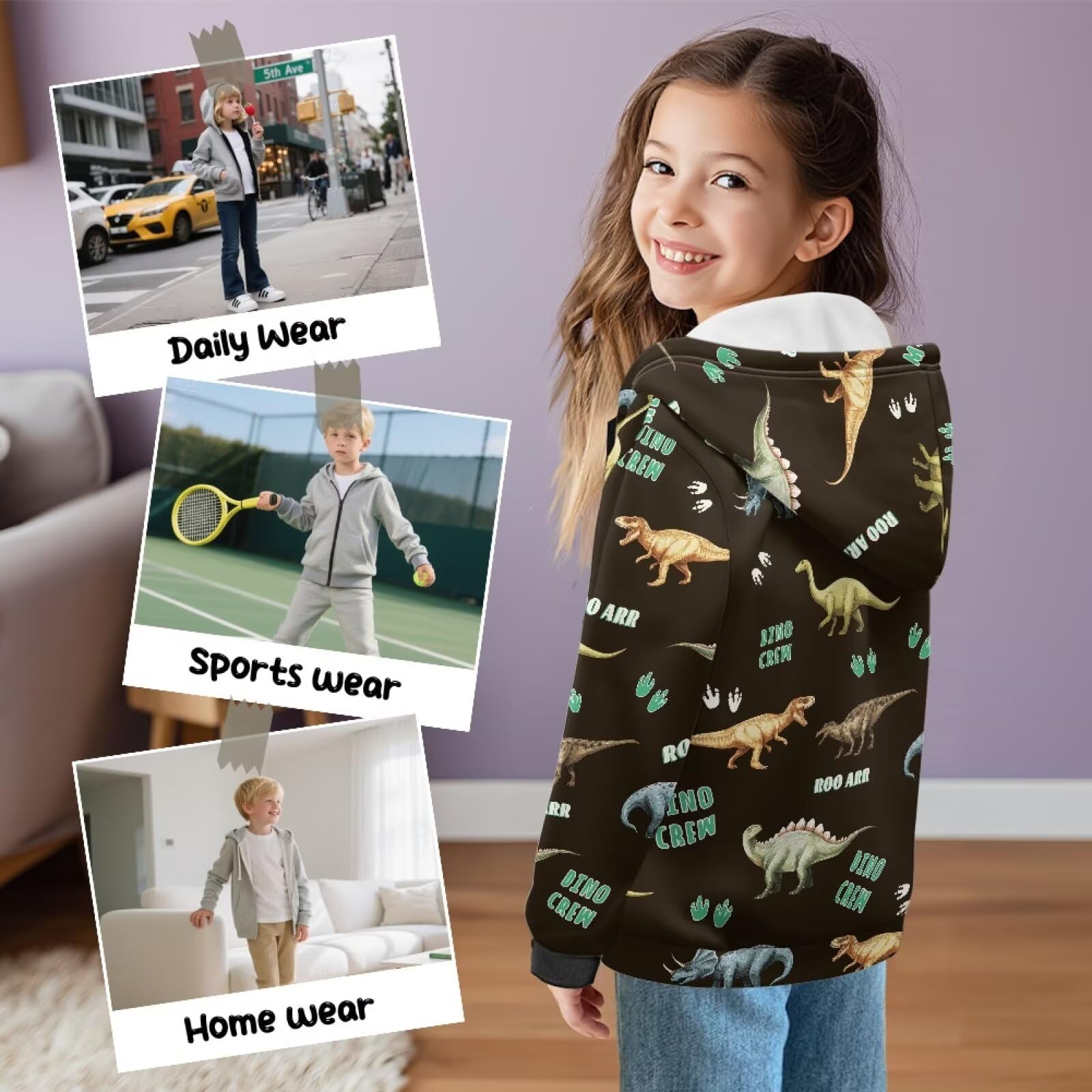 Xoenoiee Dziecięce bluzy z kapturem dla chłopców, zapinana na zamek, bluza 3D, fajna grafika zwierzęca, sweter z długim rękawem, top na jesień i zimę, Czarne dinozaury, 6-8 Years