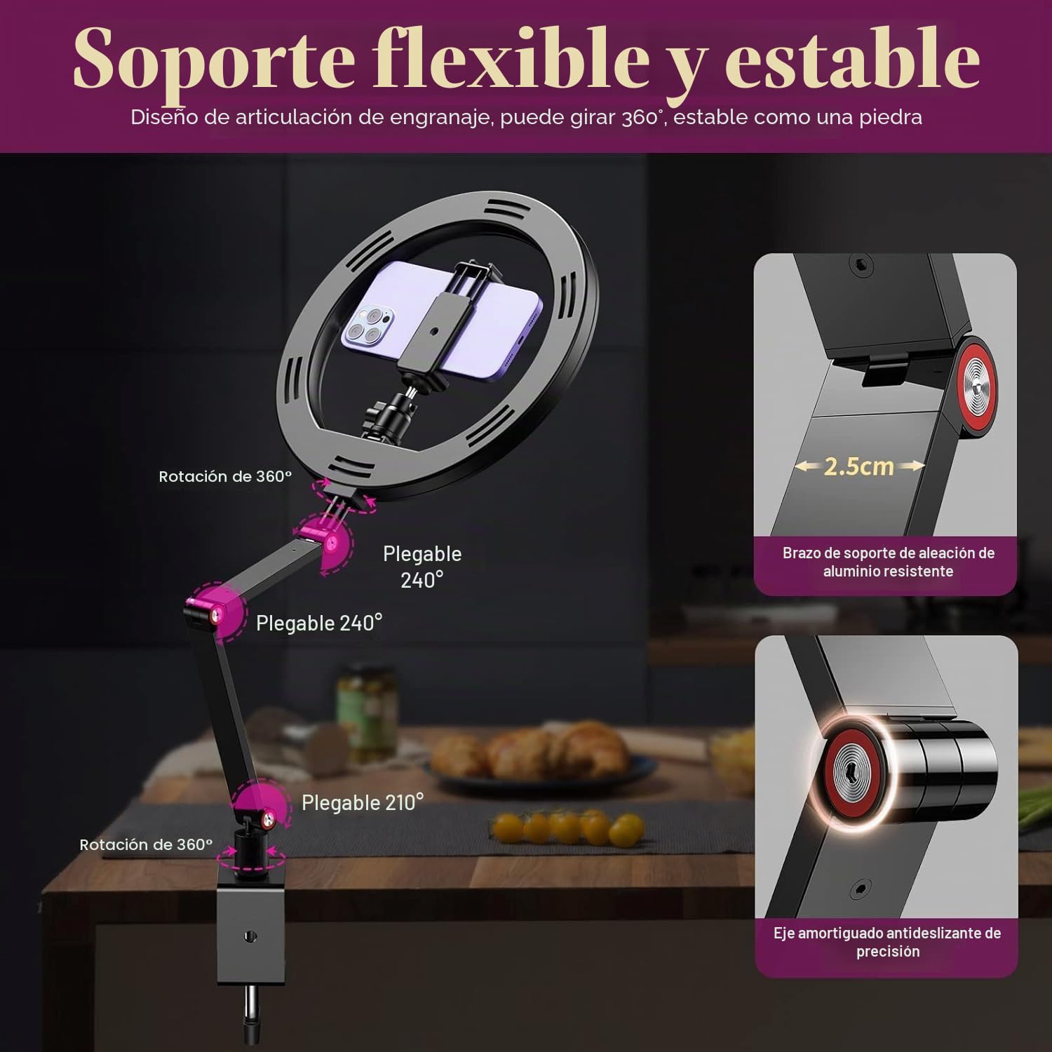 10 '' Luz de Anillo para Escritorio con Soporte y Soporte, luz de Anillo de trípode Superior, luz de videoconferencia con Soporte de Brazo de Escritorio Ajustable para Youtube, TIK Tok