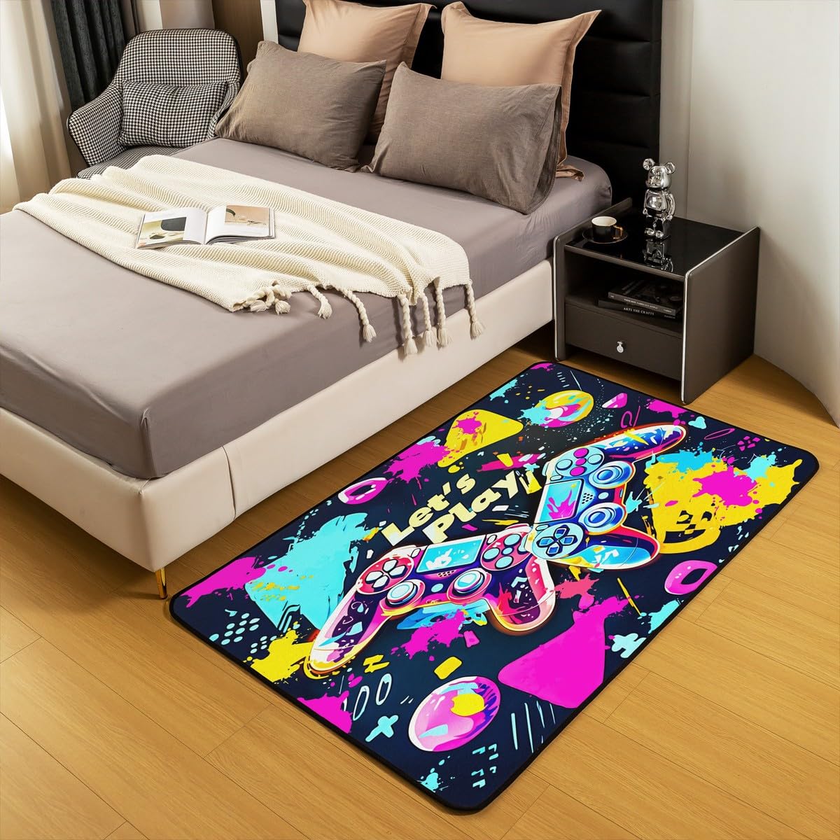 Loussiesd Dywan do salonu dla graczy, 150 x 200 cm, gamingowy dywan akcentujący dla chłopców, dziewcząt, nastolatków, nowoczesny kontroler konsoli do gier, wewnętrzna mata podłogowa, joystick,