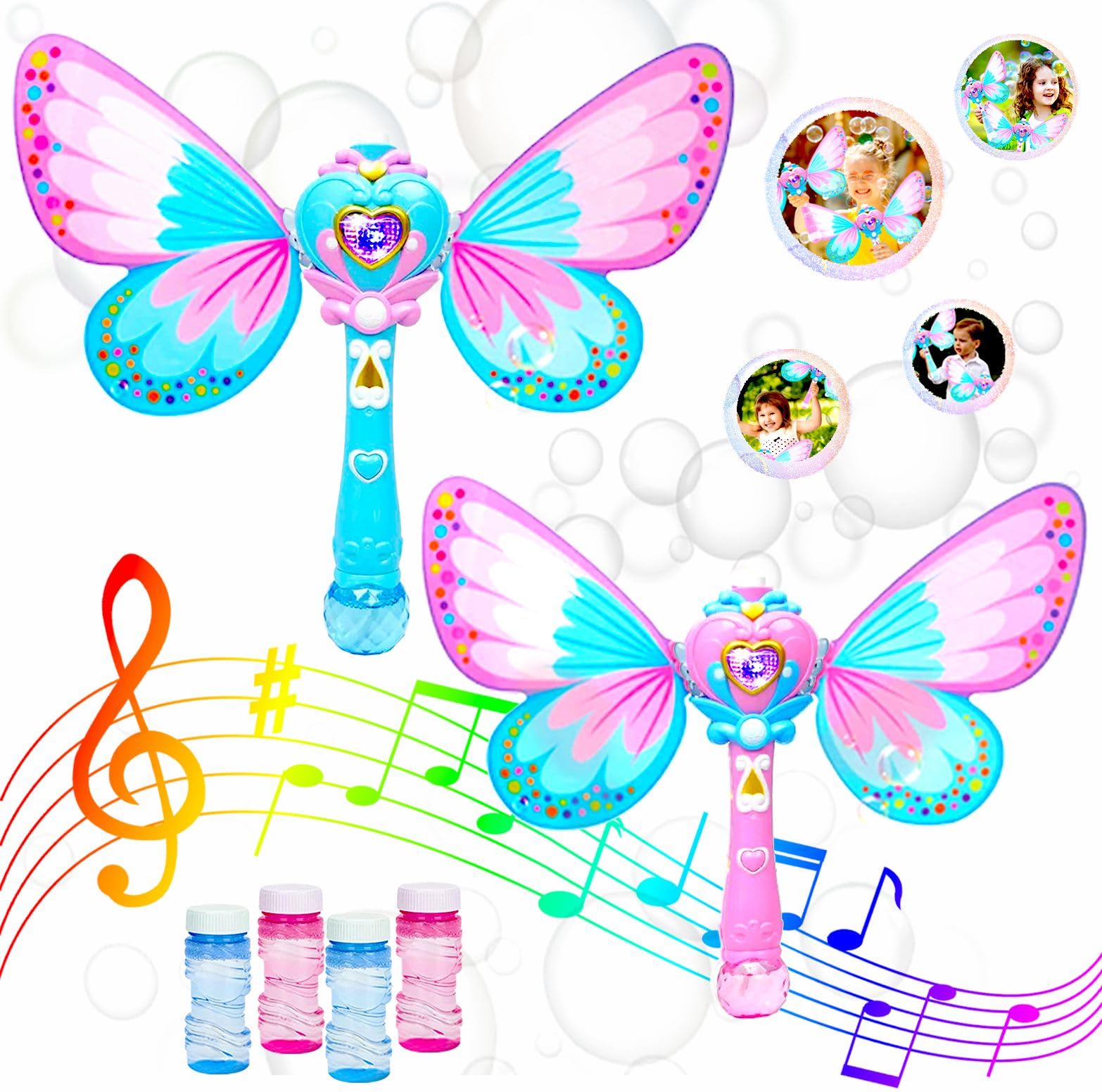Xwin Butterfly Bubble Wand - 2PCS Automatic Bubble Maker with Lights, Music & 4 Bubble Solution Bottles, Fairy Wand Bubble Blower for Outdoor Garden Play, Gift Toy for Children Age 3+