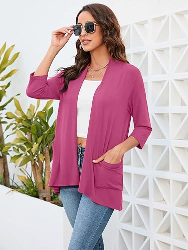 Miniatura 6 de HIYIYEZI Cárdigan ligero casual para mujer con bolsillos, manga 34, parte delantera abierta