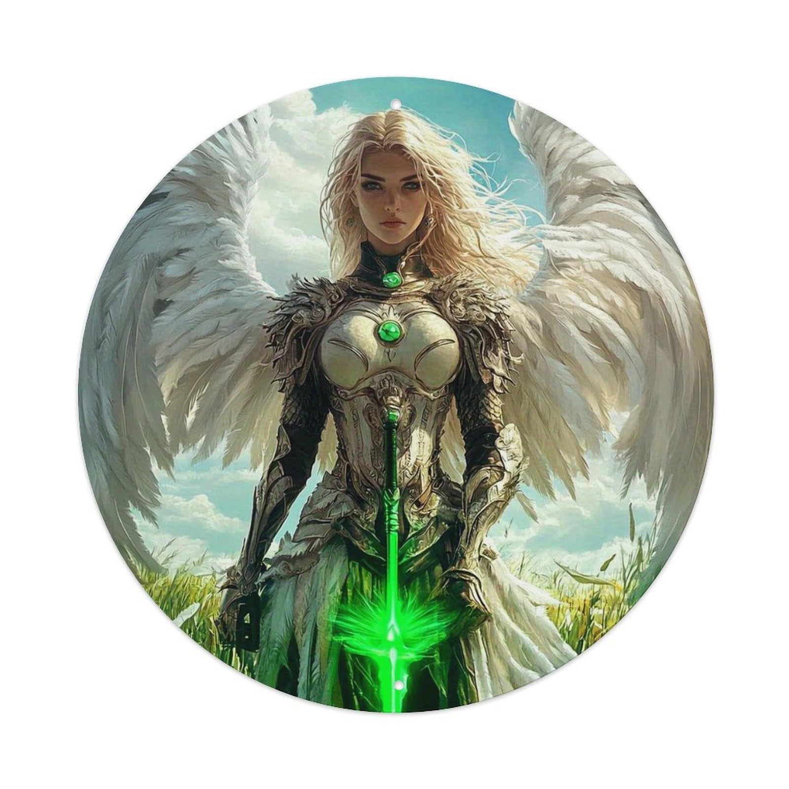 Angel Warrior With Green Sword Round Tin Sign Vintage Metal Sign Home Bar Garden Indoor & Outdoor Wall Decor Retro Metal Poster 8x8 Inch